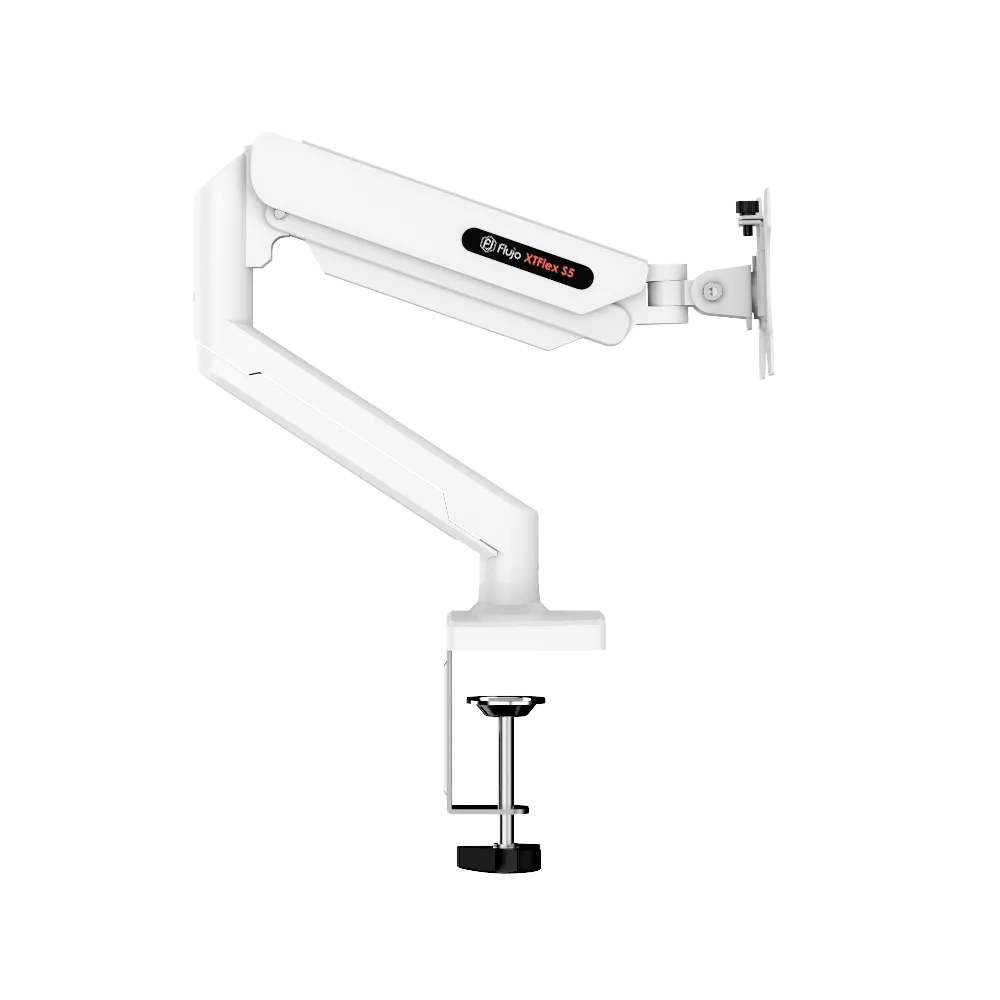 XTFlex S5 Monitor Arm in White, an adjustable and sturdy solution for ergonomic monitor positioning.