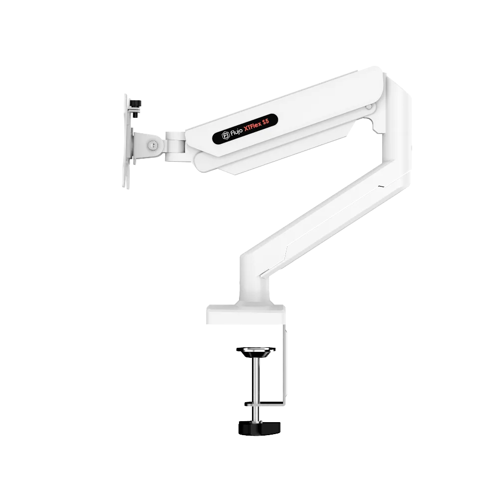 XTFlex S5 Monitor Arm in White, an adjustable and sturdy solution for ergonomic monitor positioning.