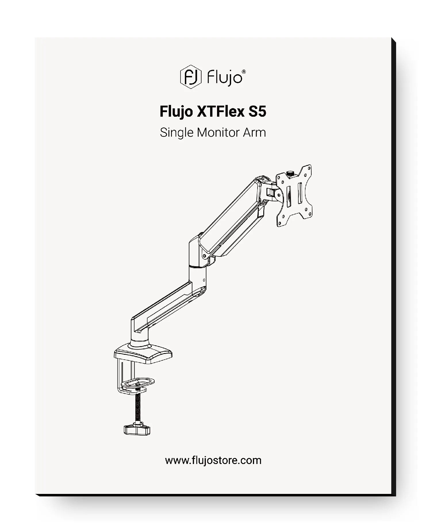 Diagram of the Flujo XTFlex S5 Single Monitor Arm, illustrating its articulated design for flexible monitor positioning, available at Flujo's website.