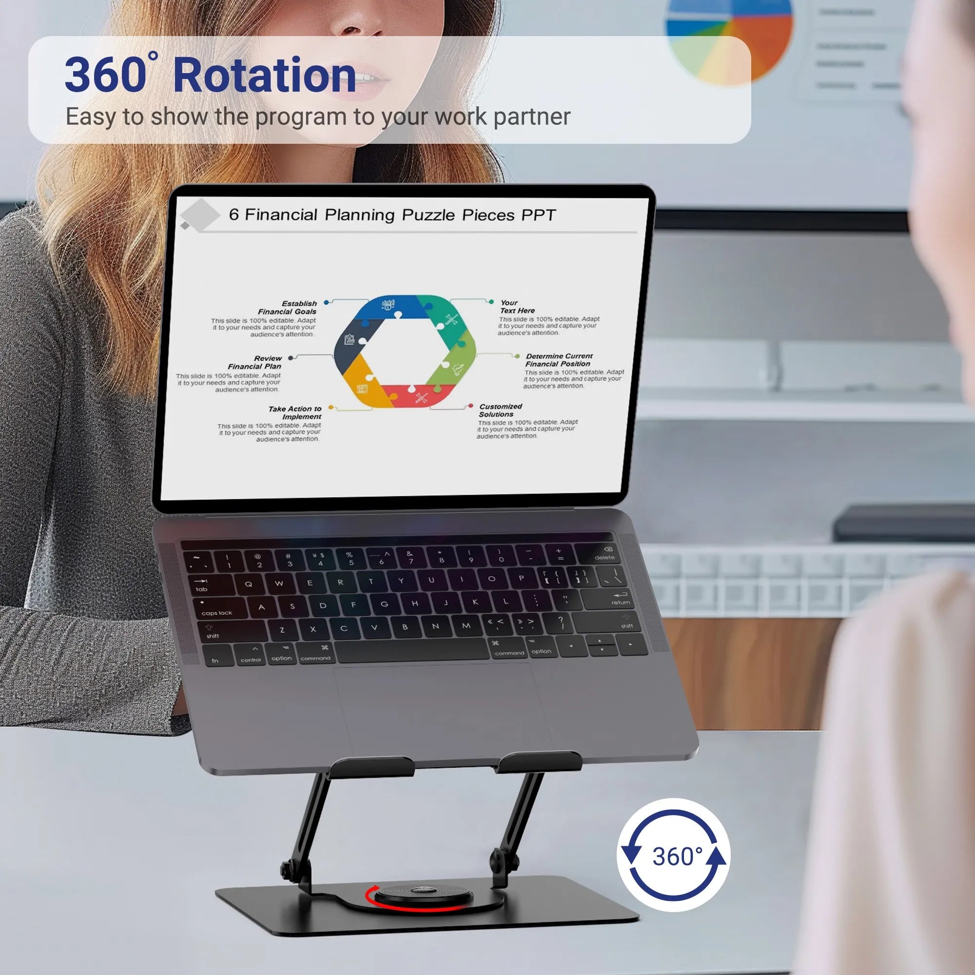 Adjustable laptop stand with 360-degree rotation, perfect for collaborative work in Singapore desk setups.
