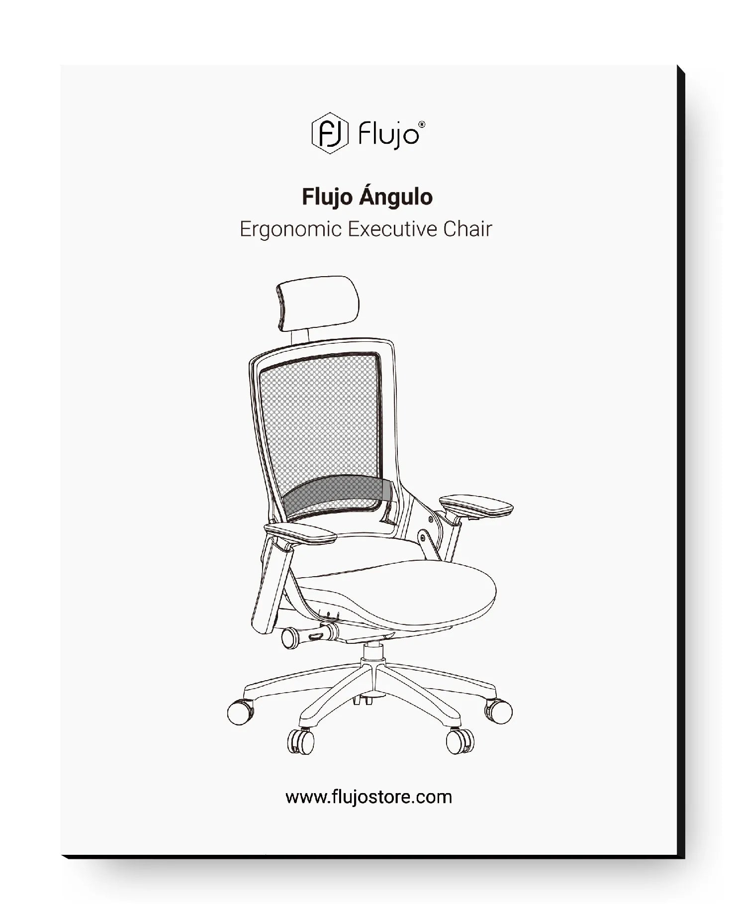 Drawing of the Flujo Ángulo Ergonomic Executive Chair, showcasing a mesh back and headrest for ergonomic comfort, part of Flujo's office furniture collection.