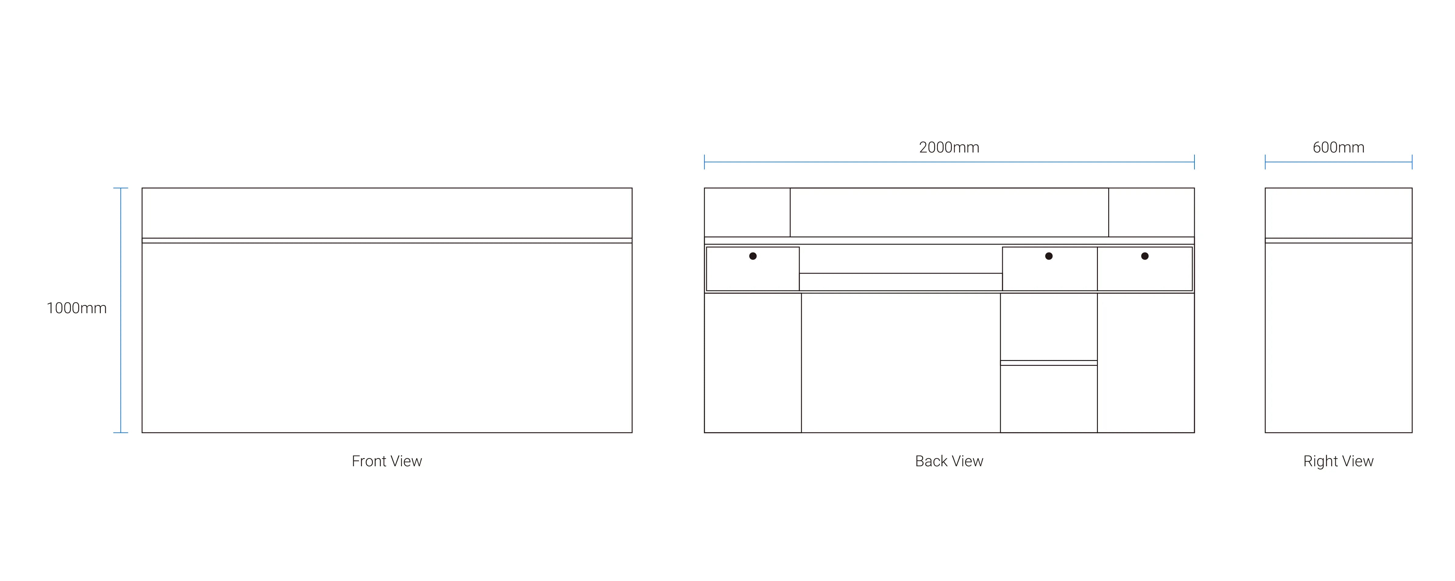 Technical drawing of Astra Reception Counter showing front, back, and side views – premium MDF counter for modern Singapore offices
