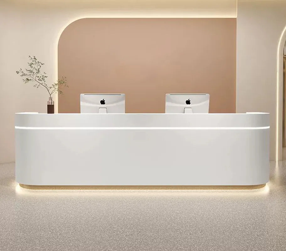 Astra Reception Counter in a modern Singapore office lobby with sleek minimalist design and LED lighting