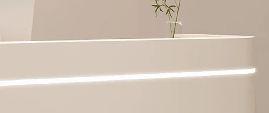 Astra Reception Counter in a modern Singapore office lobby with sleek minimalist design and LED lighting