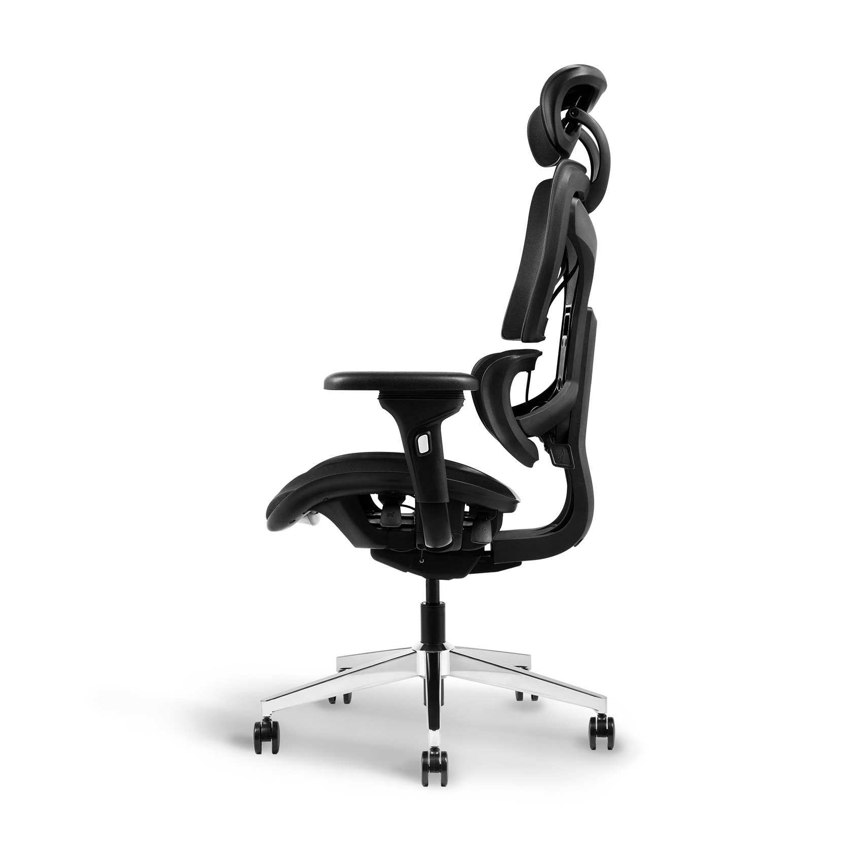 Angled view of Ayla Ergonomic Chair Black with detailed view of the seat depth adjustment and armrest customization features.