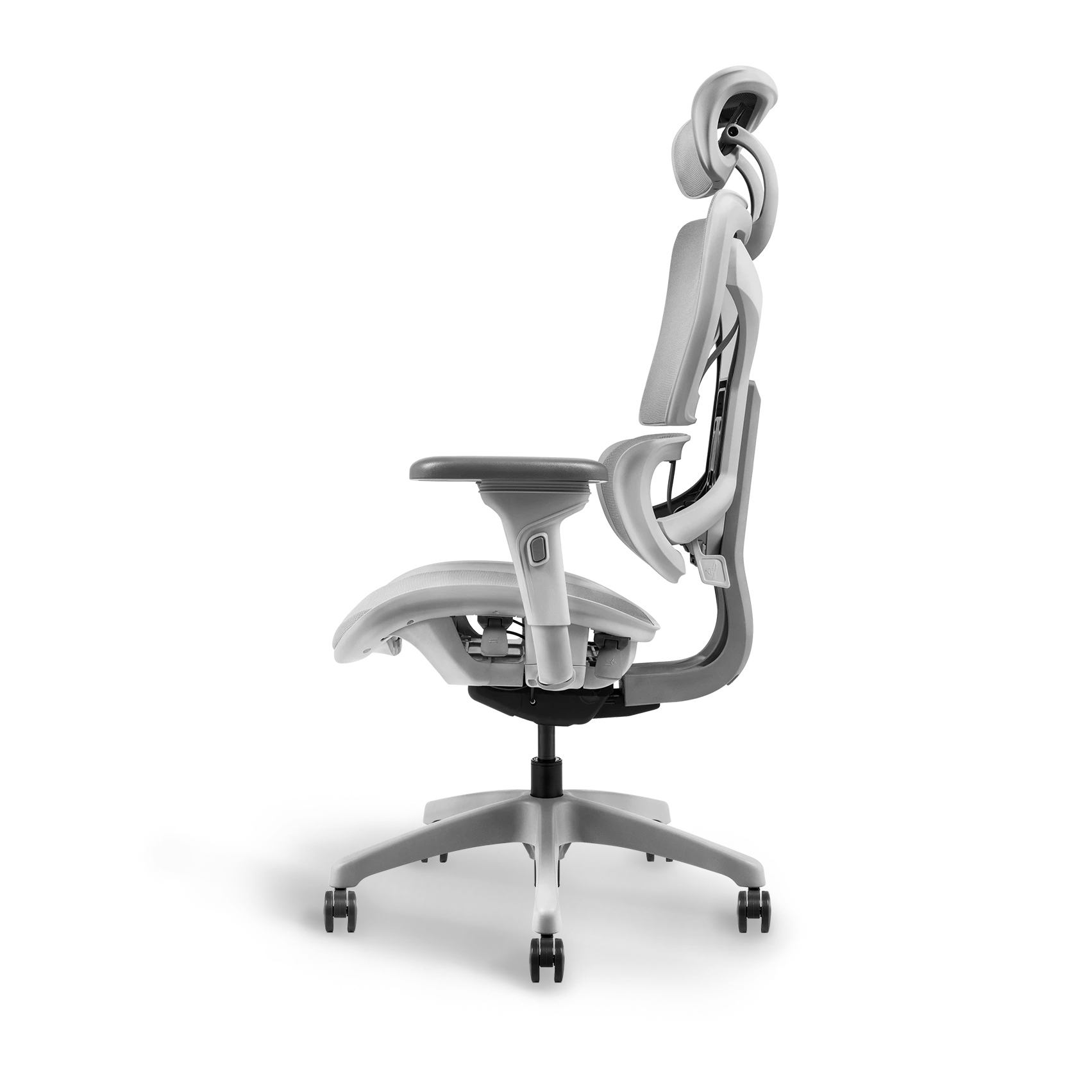 Angled view of Ayla Ergonomic Chair Grey with detailed view of the seat depth adjustment and armrest customization features.
