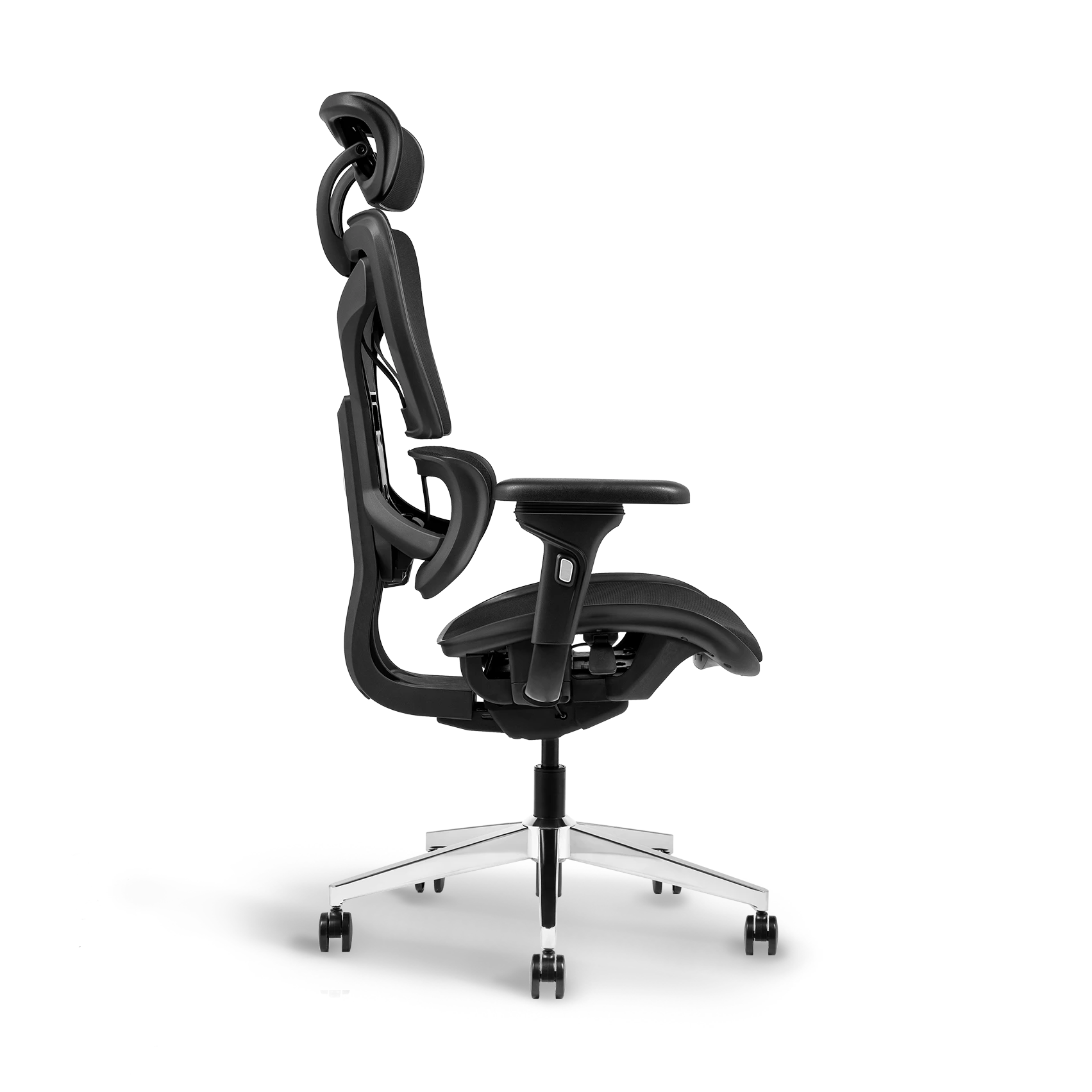 Side view of Ayla Ergonomic Chair Black highlighting the contoured design and height adjustment mechanism for personalized seating