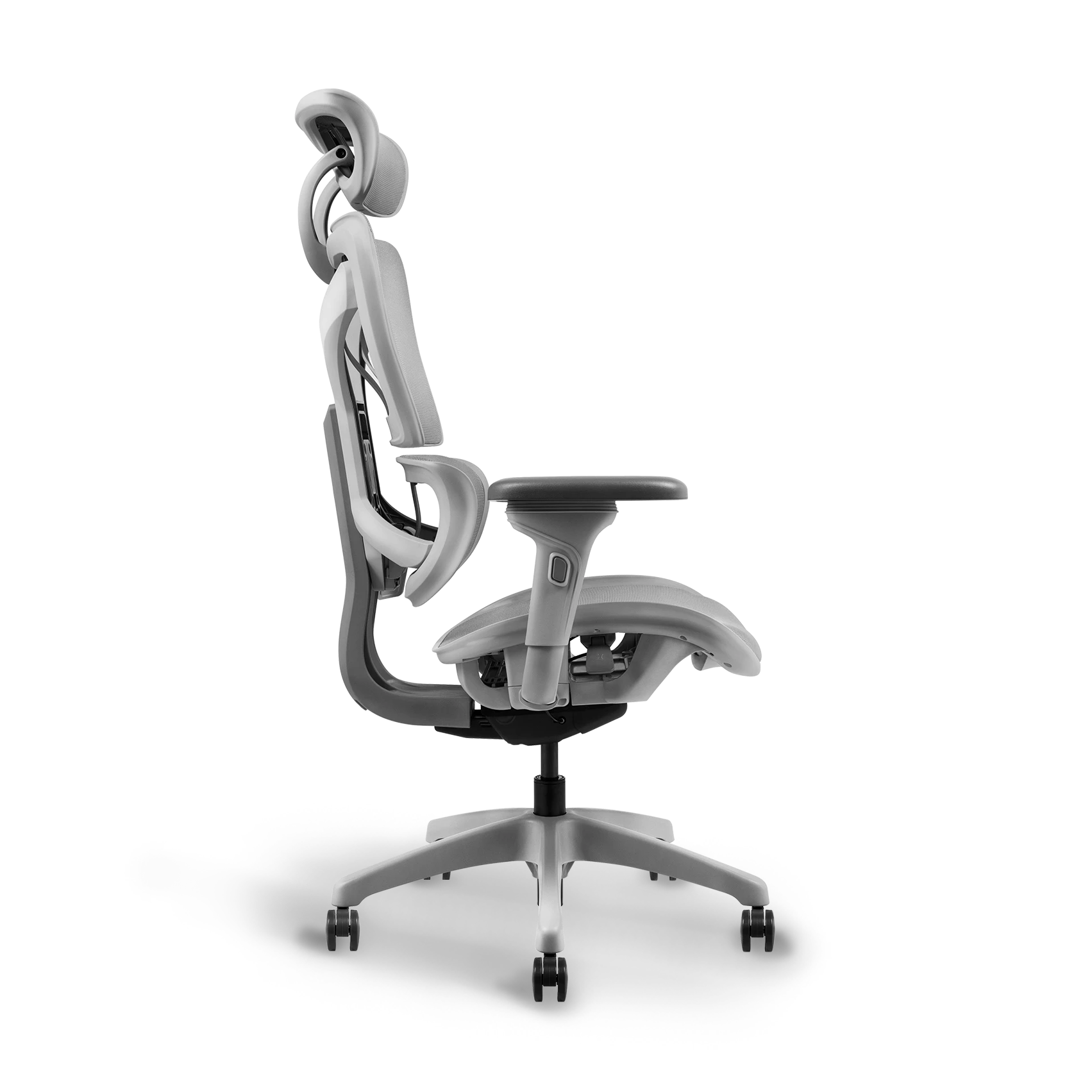 Side view of Flujo's ergonomic chair showing the contour and height adjustment mechanisms for tailored seating experience.