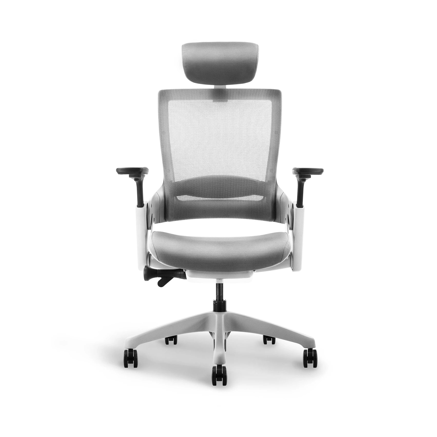 Back view of Flujo Angulo ergonomic chair with lumbar support in grey