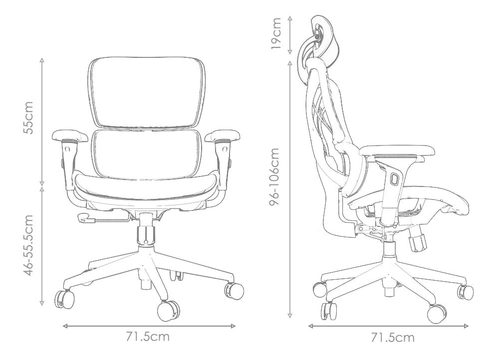 Technical dimensions of Bea Ergonomic Office Chair showing height, width, and depth for space planning.