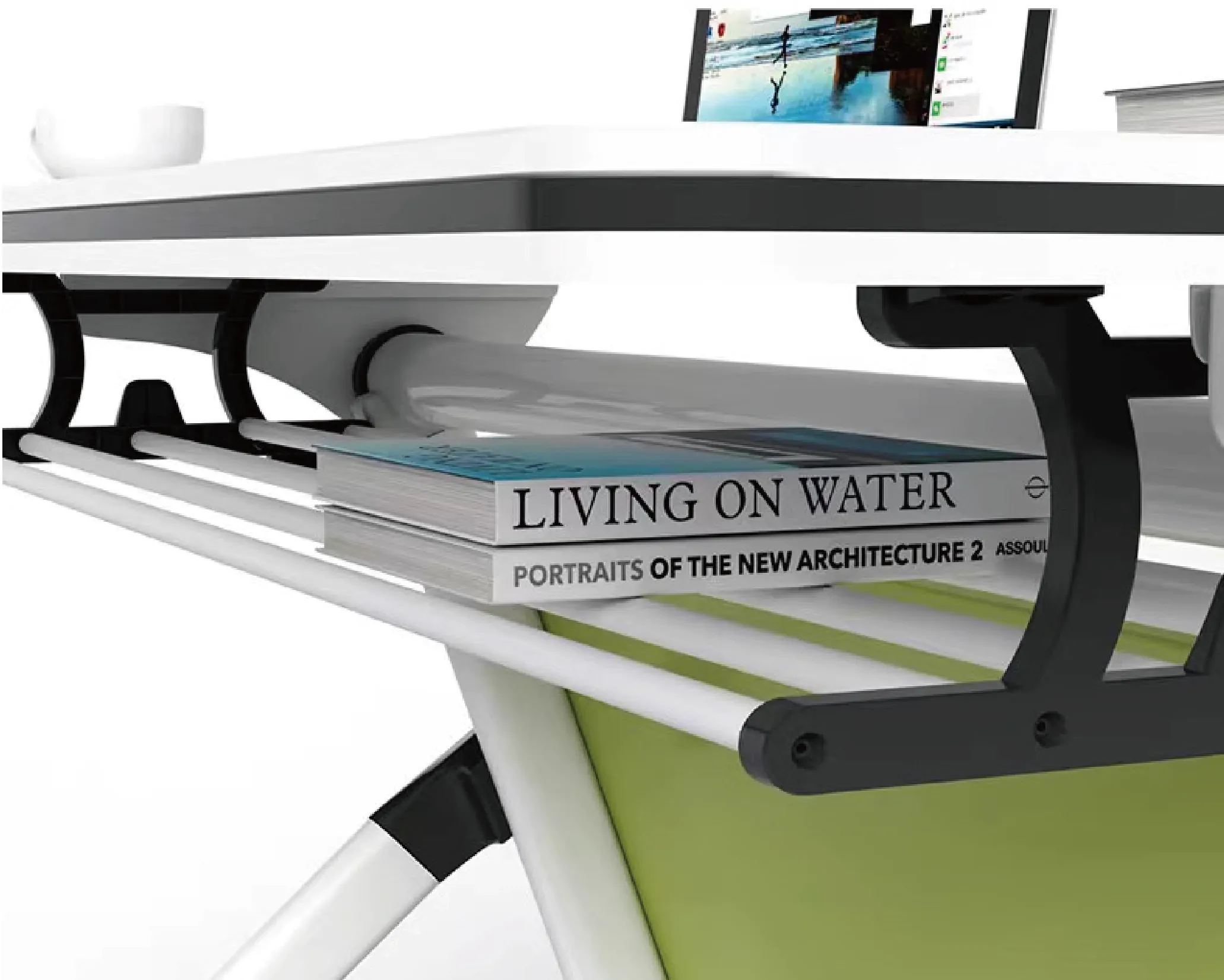 Collaborative training table with built-in mesh book basket storage