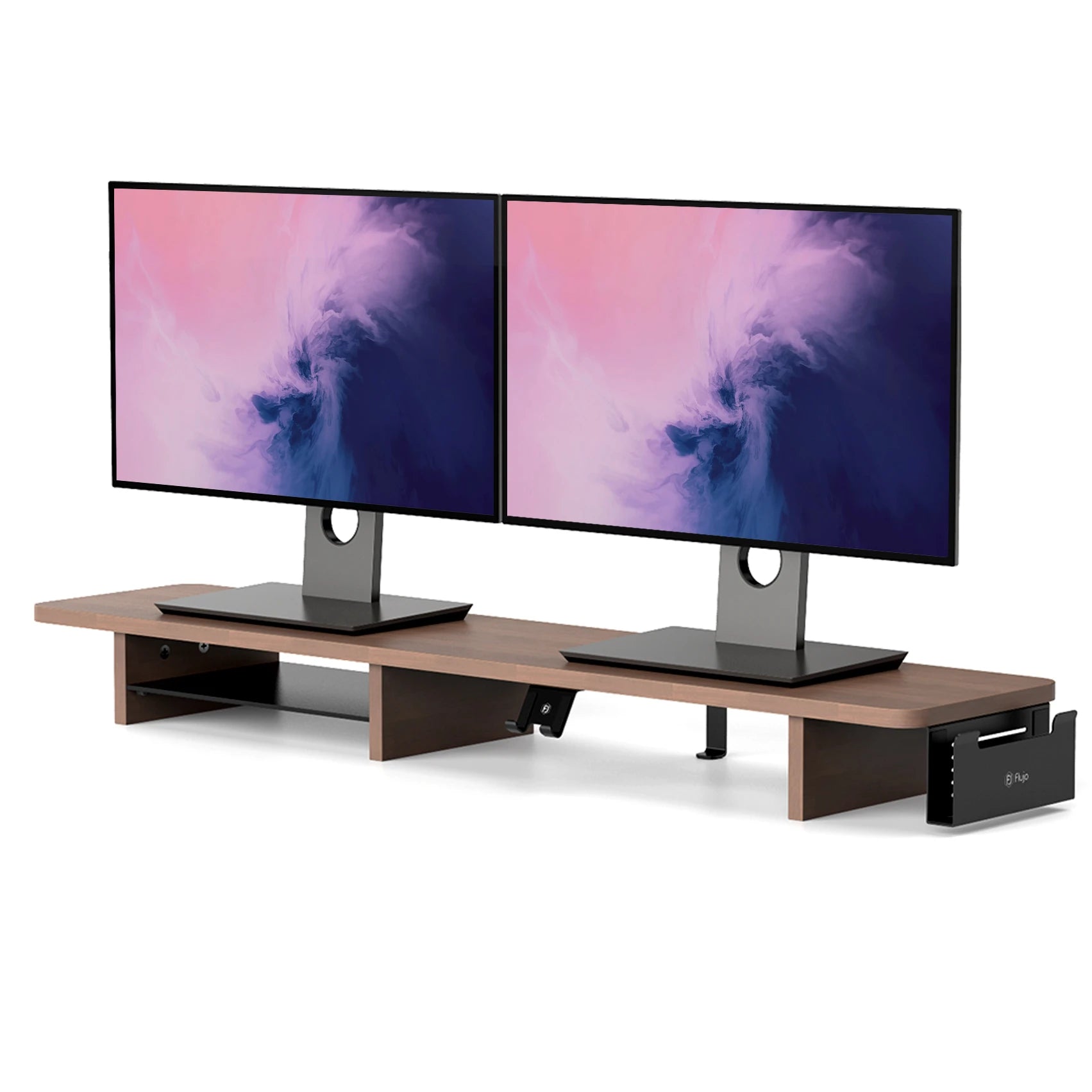 Dual-display élever Pro Ergonomic Monitor Riser in stylish wood design, enhancing screen height for improved ergonomics and desk organization.