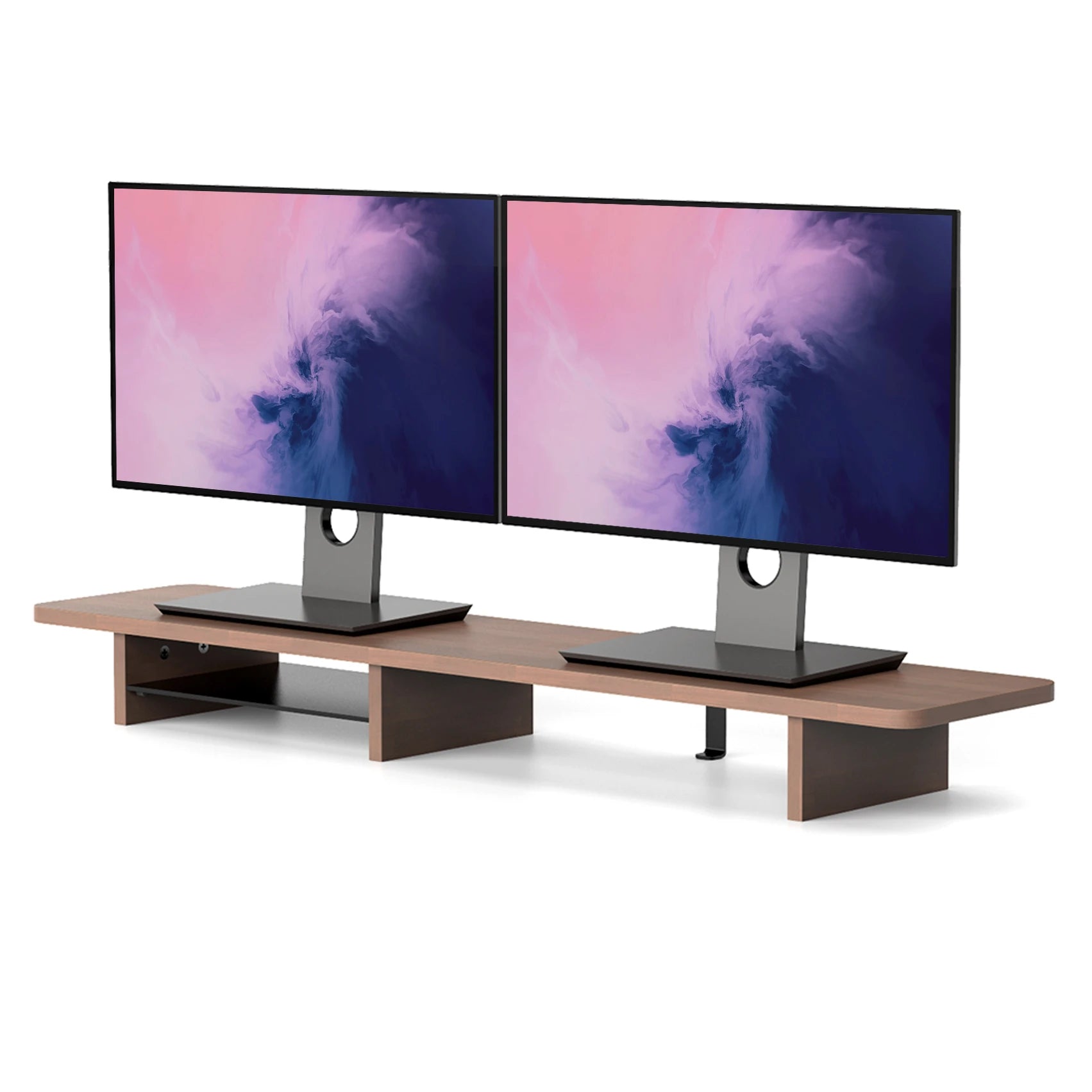 Dual-display élever Pro Ergonomic Monitor Riser in stylish wood design, enhancing screen height for improved ergonomics and desk organization.