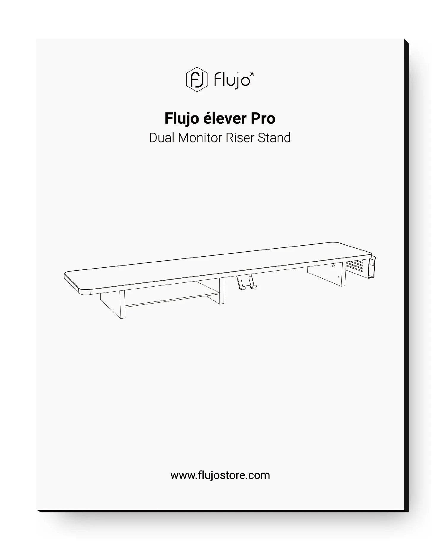 Technical drawing of the Flujo Élever Pro Dual Monitor Riser Stand, showing a long, sturdy platform for monitors, advertised on the Flujo online store.