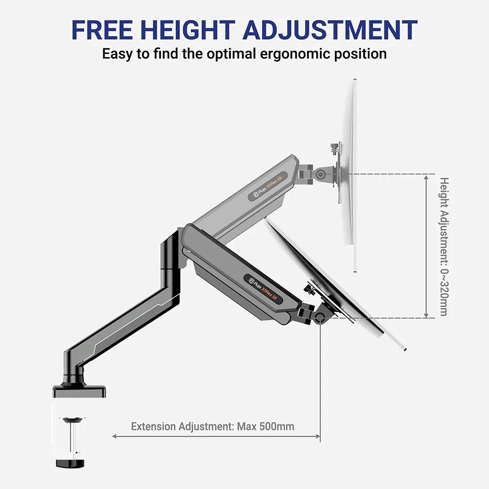 Adjustable ergonomic monitor arm with height and extension settings, providing optimal positioning for workspace efficiency in Singapore.