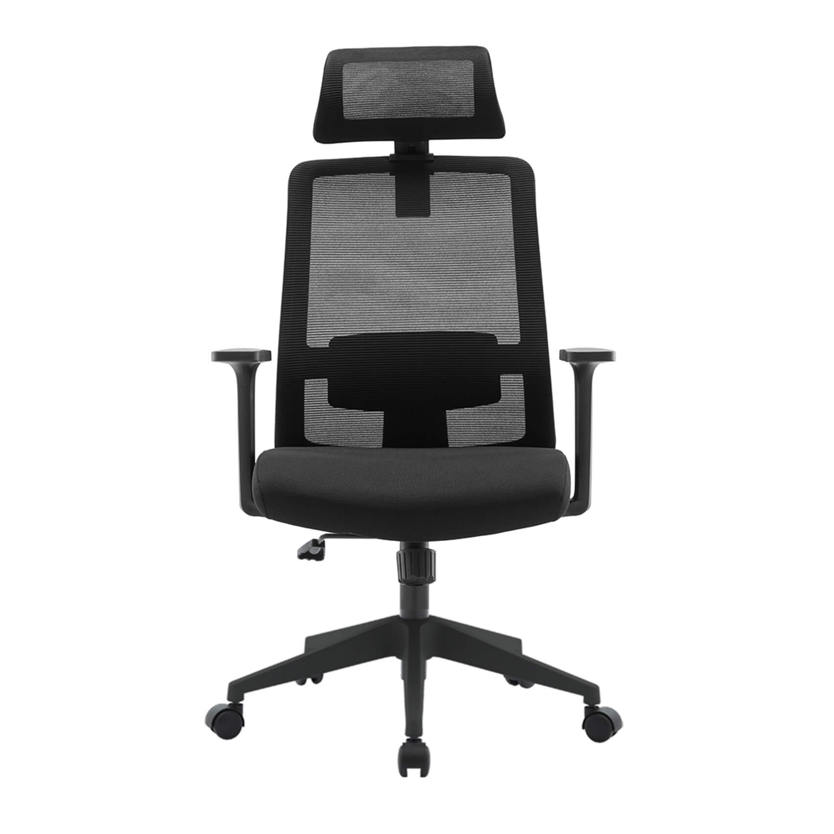 Ergonomic office chair with headrest and lumbar support in black mesh