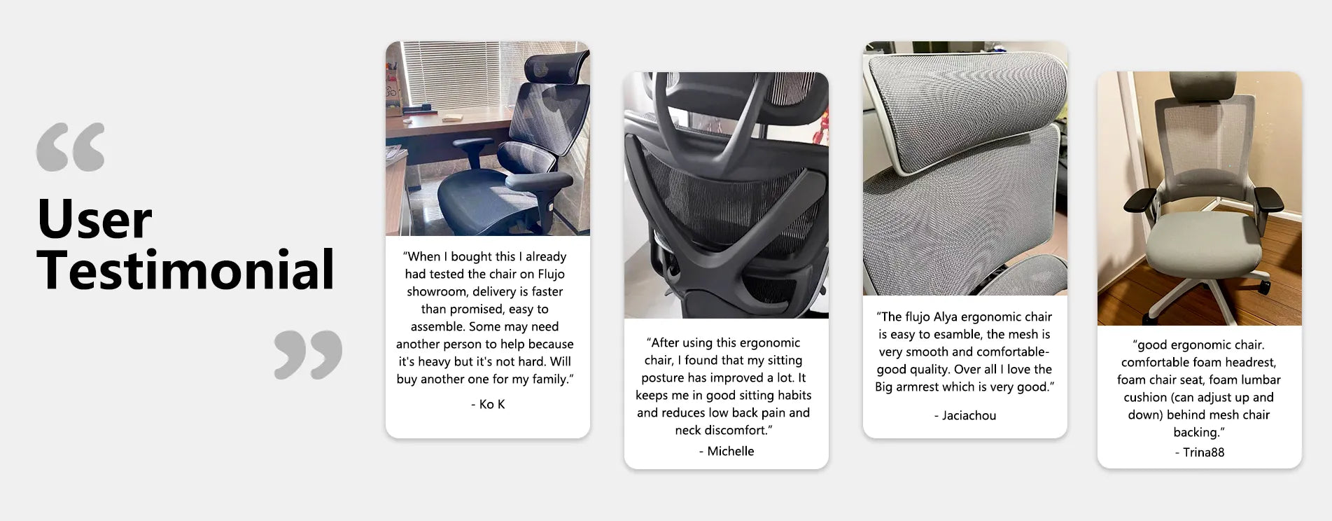 Flujo Ergonomic Chairs User Testimonials, highlighting comfort, ease of assembly, and support for better posture.