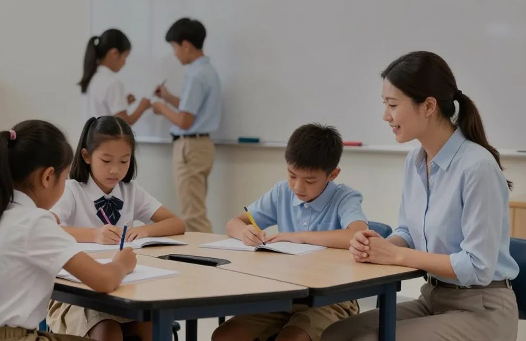 Students and teacher using flexible Flujo classroom furniture in an active learning environment, supporting collaborative teaching styles.