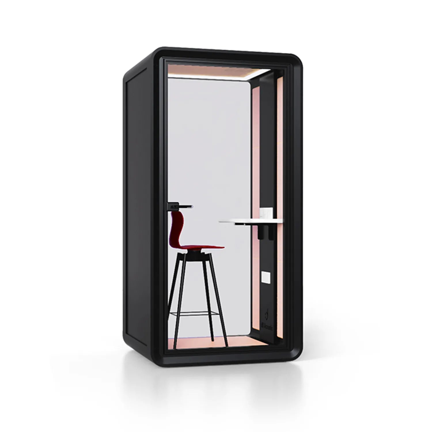 Angled view of Flujo Acoustic Phone Booth, showing interior details including a bar stool and desk.