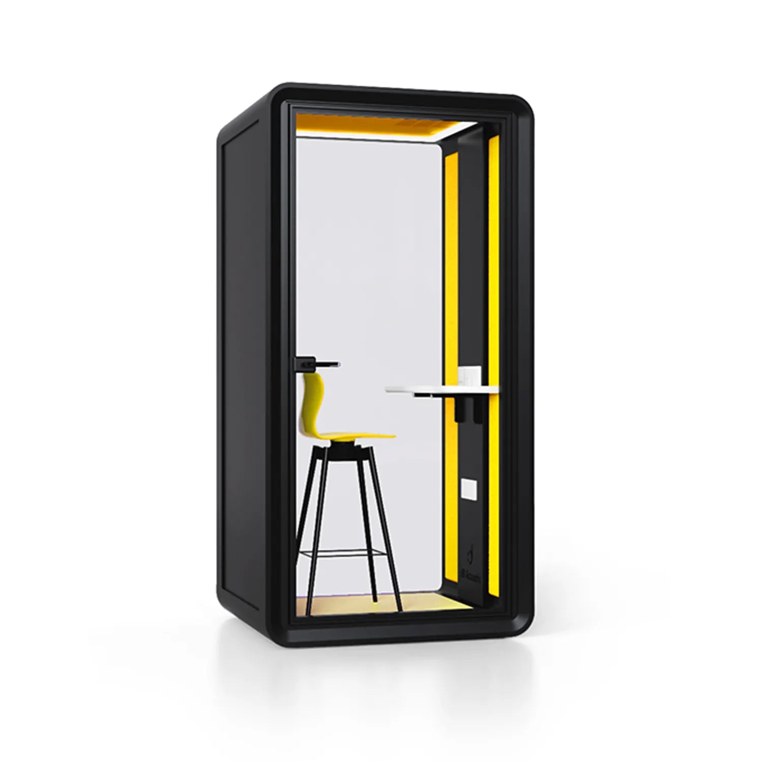 Angled view of Flujo Acoustic Phone Booth, showing interior details including a bar stool and desk.