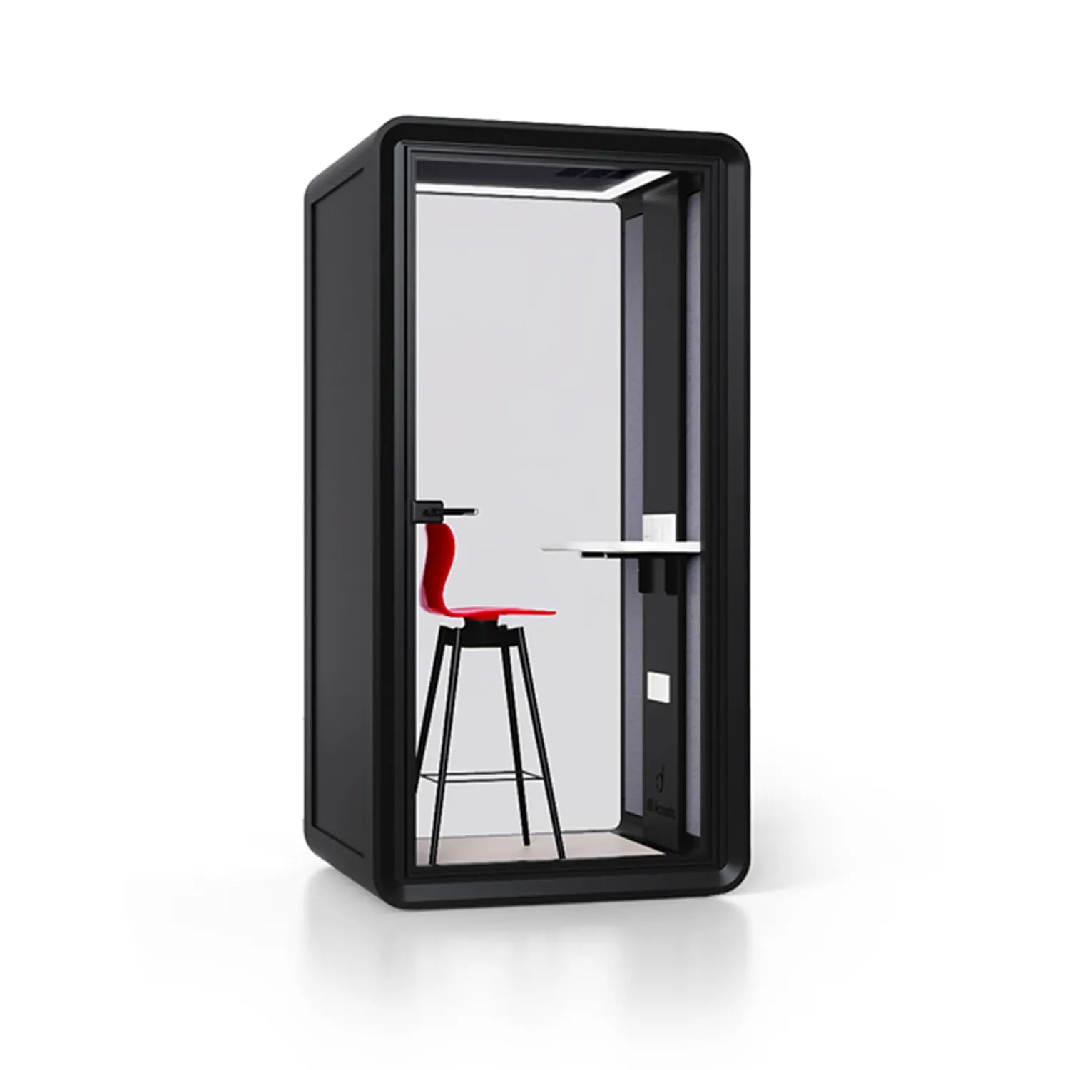 Angled view of Flujo Acoustic Phone Booth, showing interior details including a bar stool and desk.