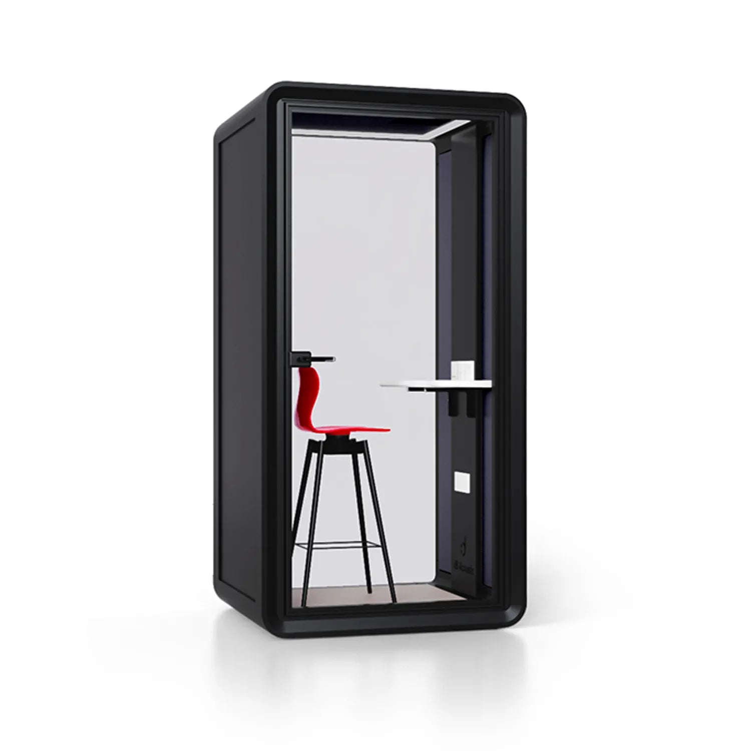 Angled view of Flujo Acoustic Phone Booth, showing interior details including a bar stool and desk.