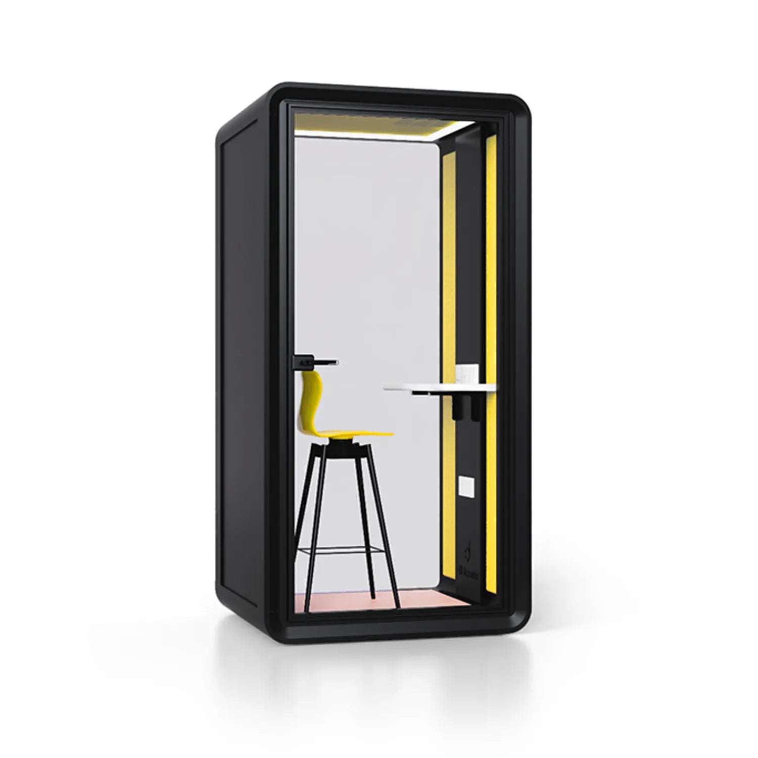 Angled view of Flujo Acoustic Phone Booth, showing interior details including a bar stool and desk.