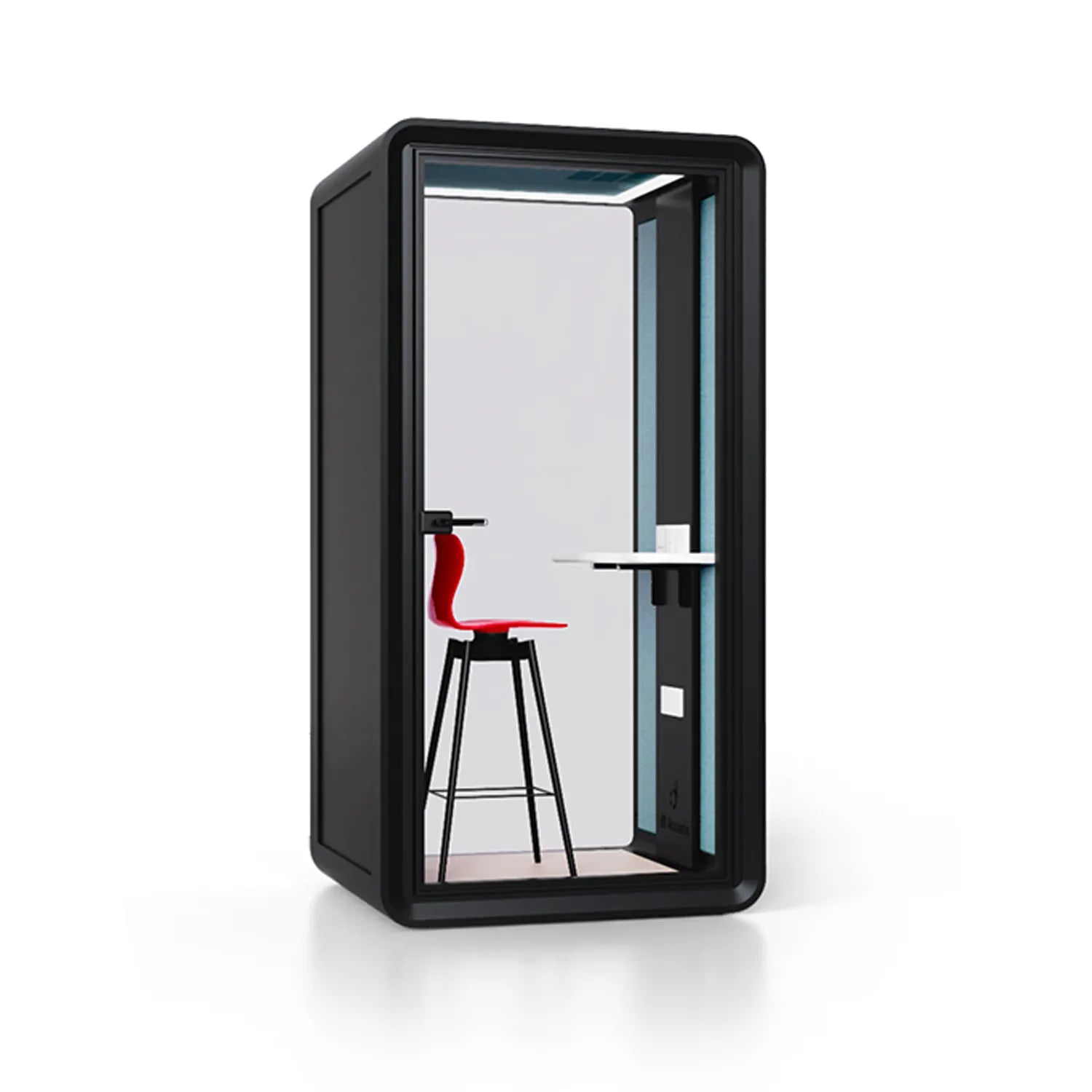 Angled view of Flujo Acoustic Phone Booth, showing interior details including a bar stool and desk.