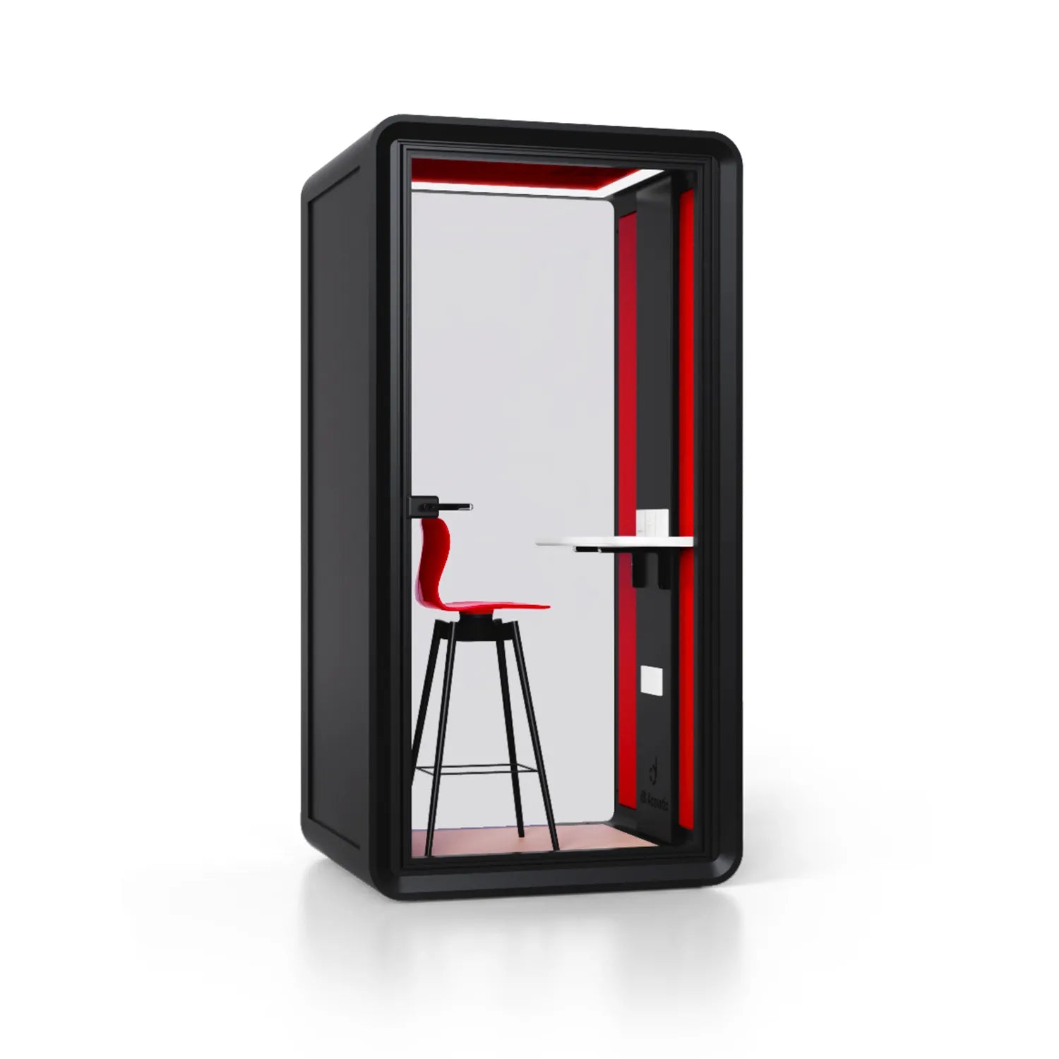 Angled view of Flujo Acoustic Phone Booth, showing interior details including a bar stool and desk.