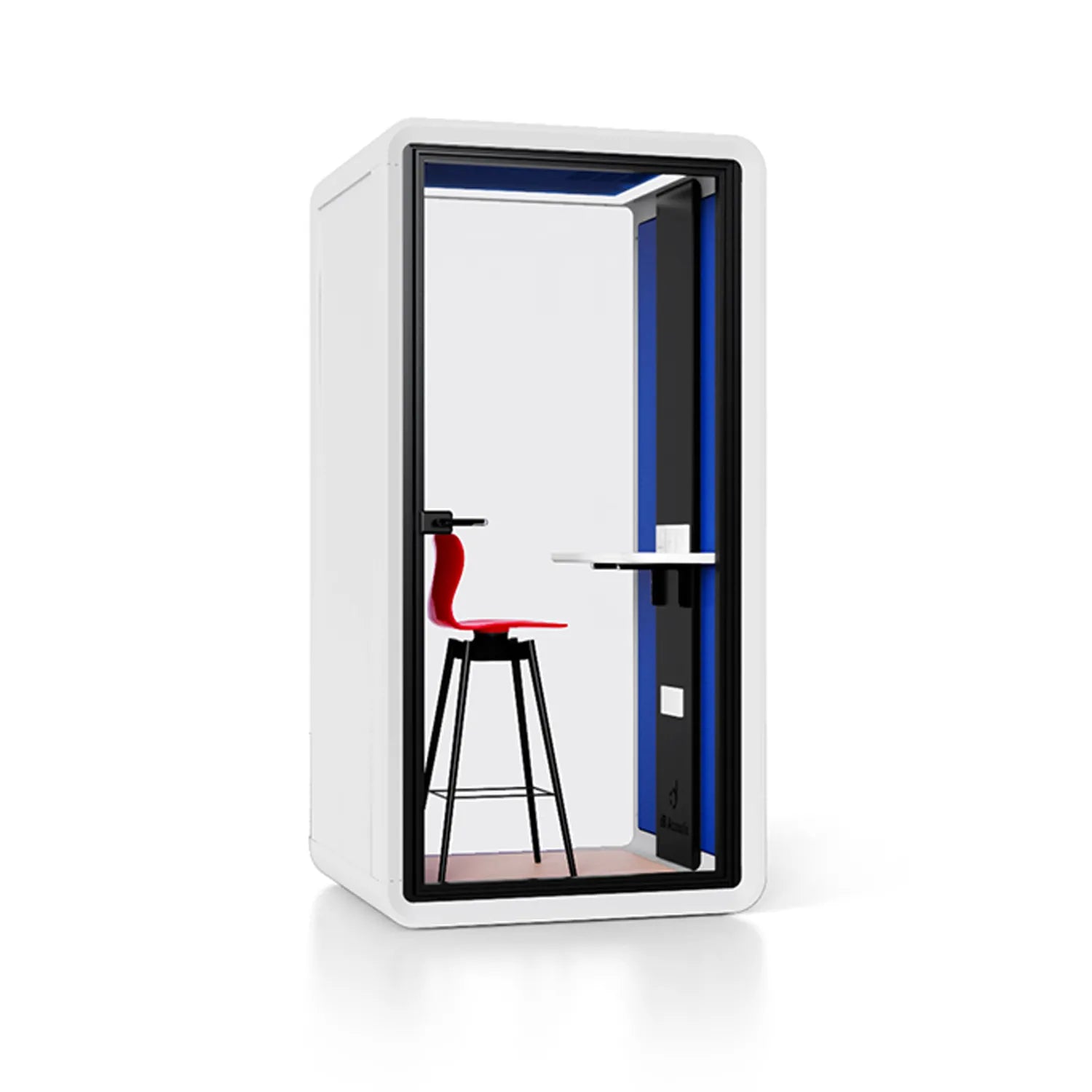 Angled view of Flujo Acoustic Phone Booth, showing interior details including a bar stool and desk.