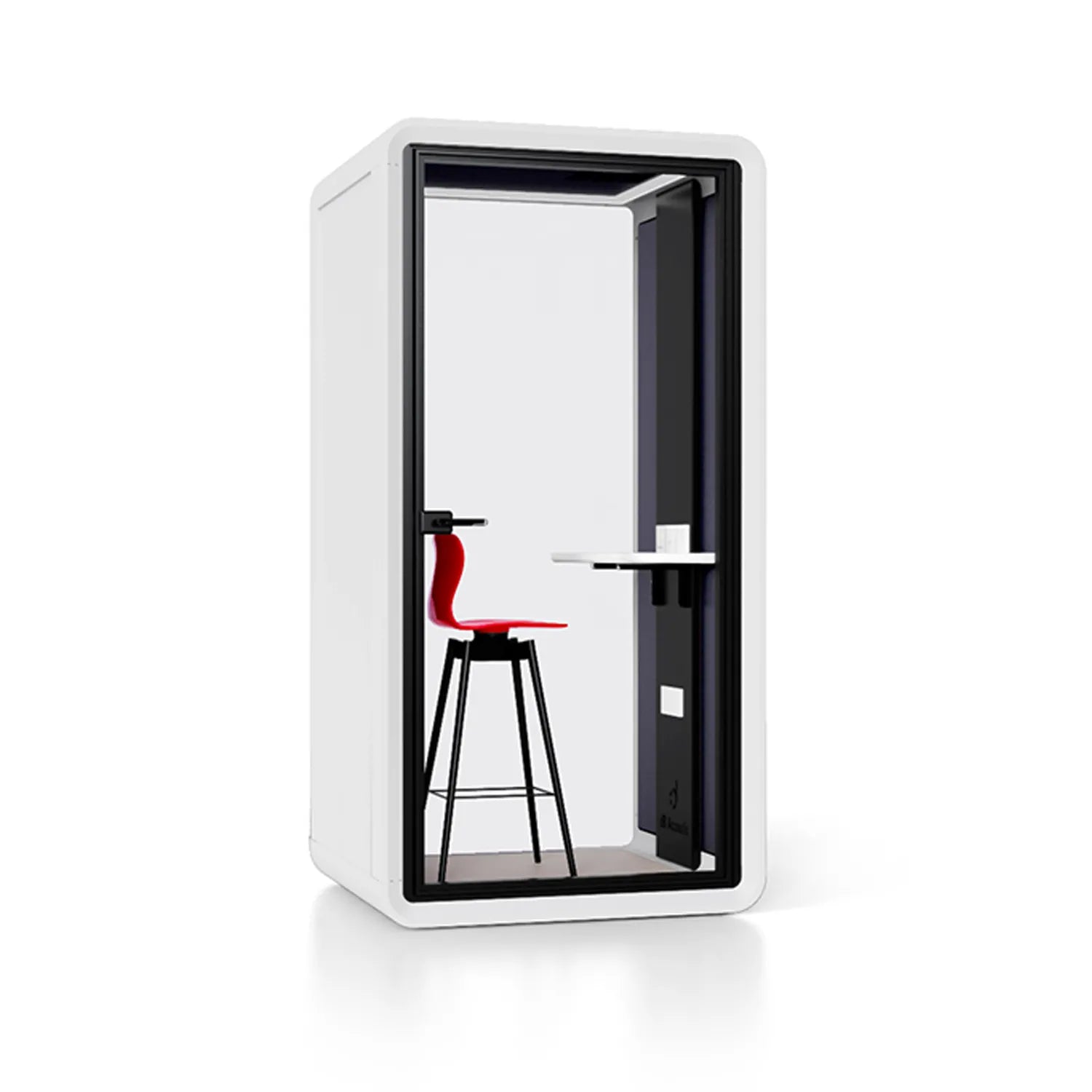 Angled view of Flujo Acoustic Phone Booth, showing interior details including a bar stool and desk.