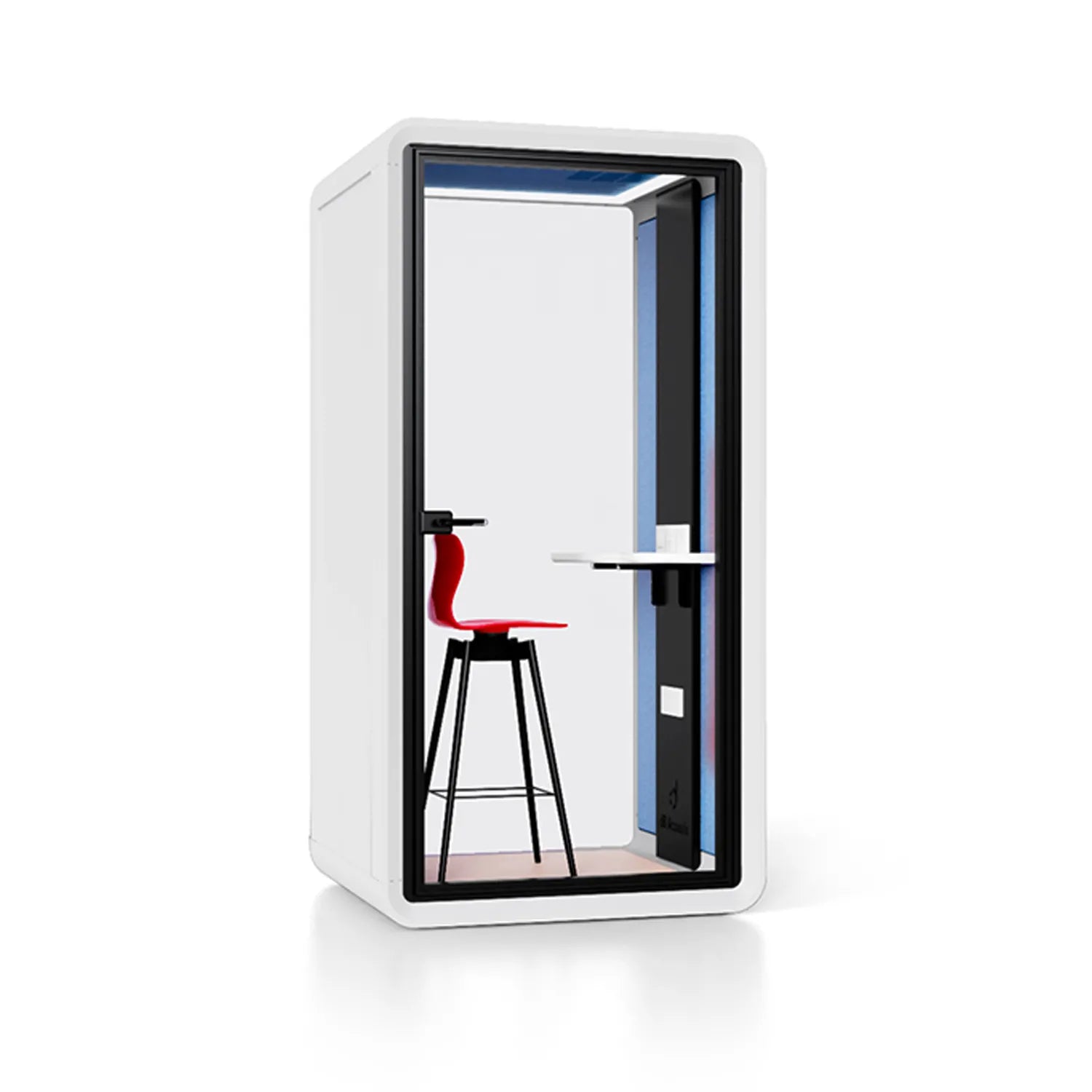 Angled view of Flujo Acoustic Phone Booth, showing interior details including a bar stool and desk.