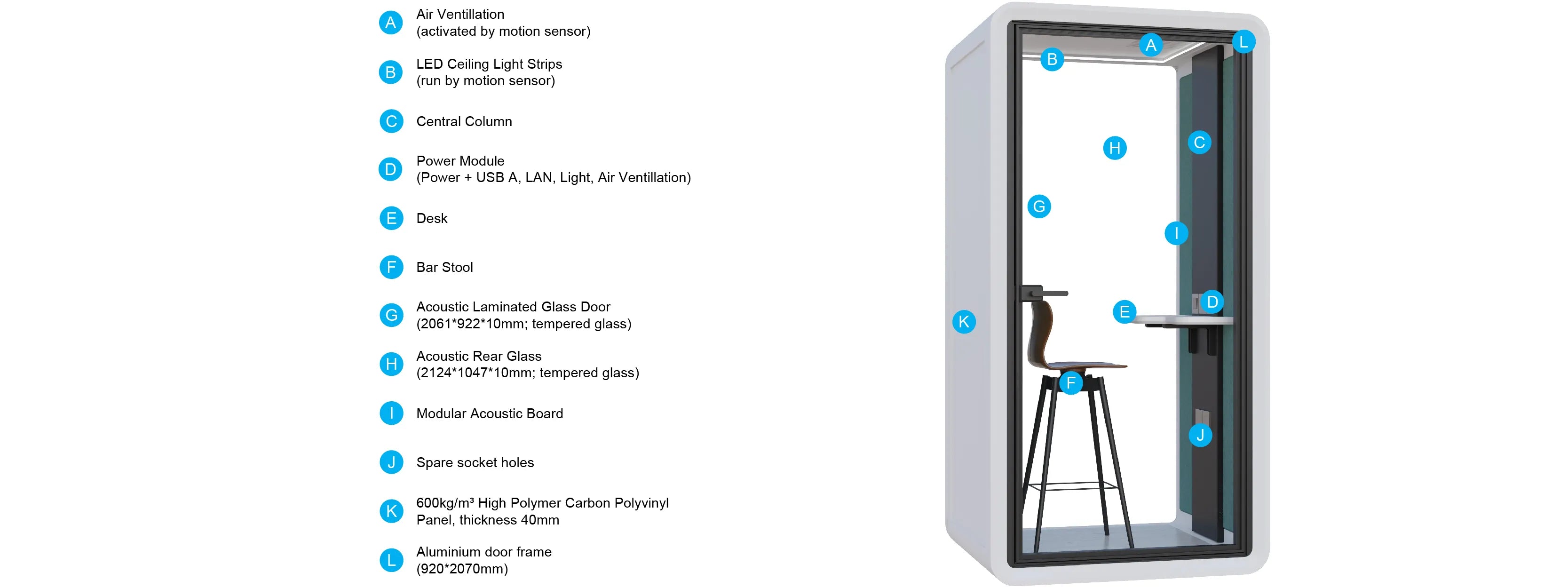 Flujo Acoustic Phone Booth features and specifications, including air ventilation, LED lighting, and tempered glass door.