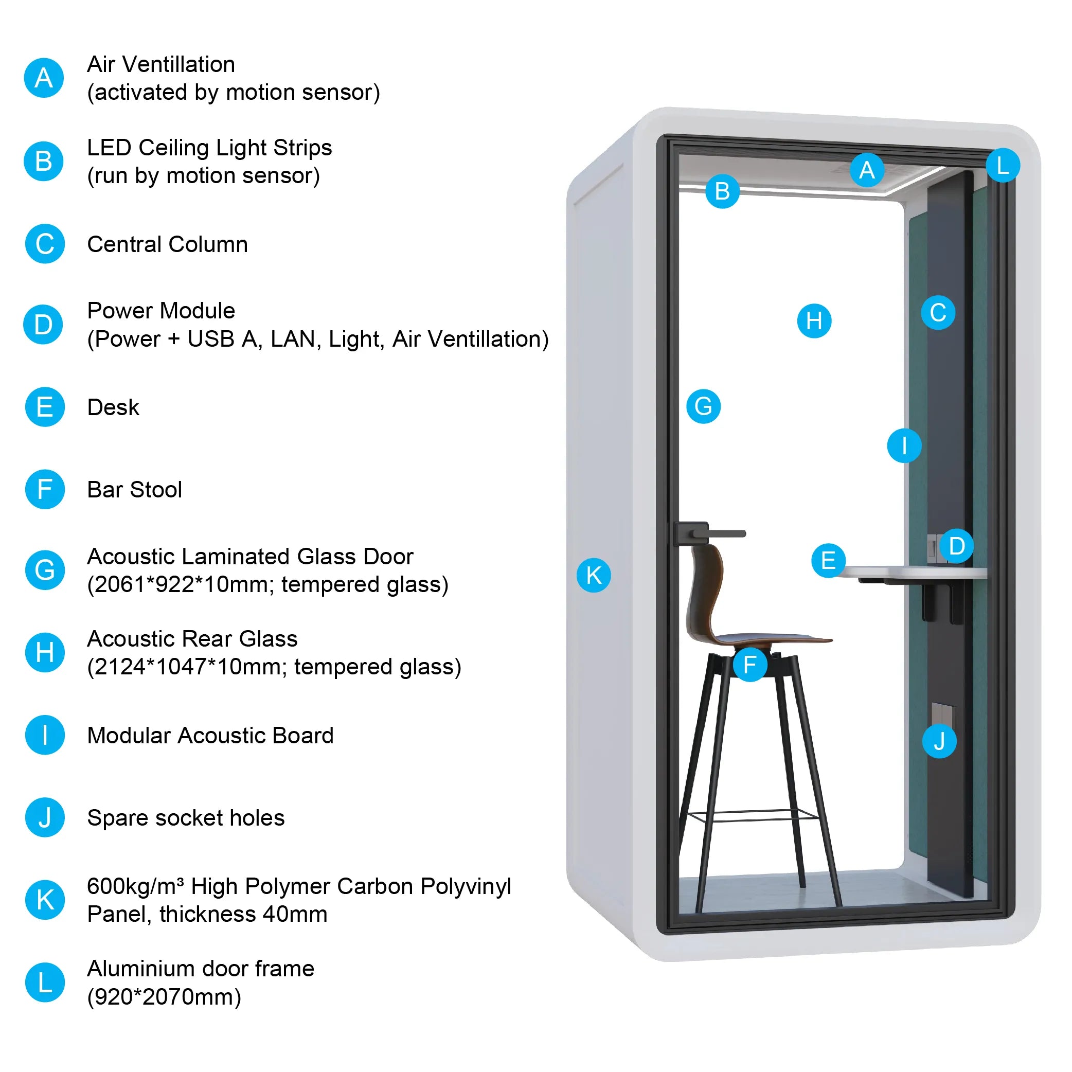 Flujo Acoustic Phone Booth features and specifications, including air ventilation, LED lighting, and tempered glass door.