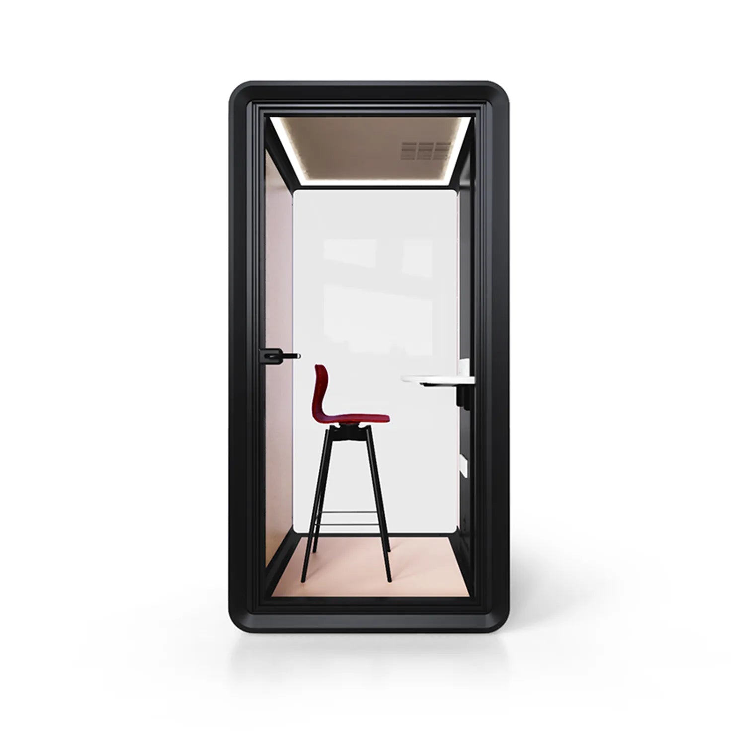 Front view of Flujo Acoustic Phone Booth with sleek design, showcasing interior bar stool and work desk.