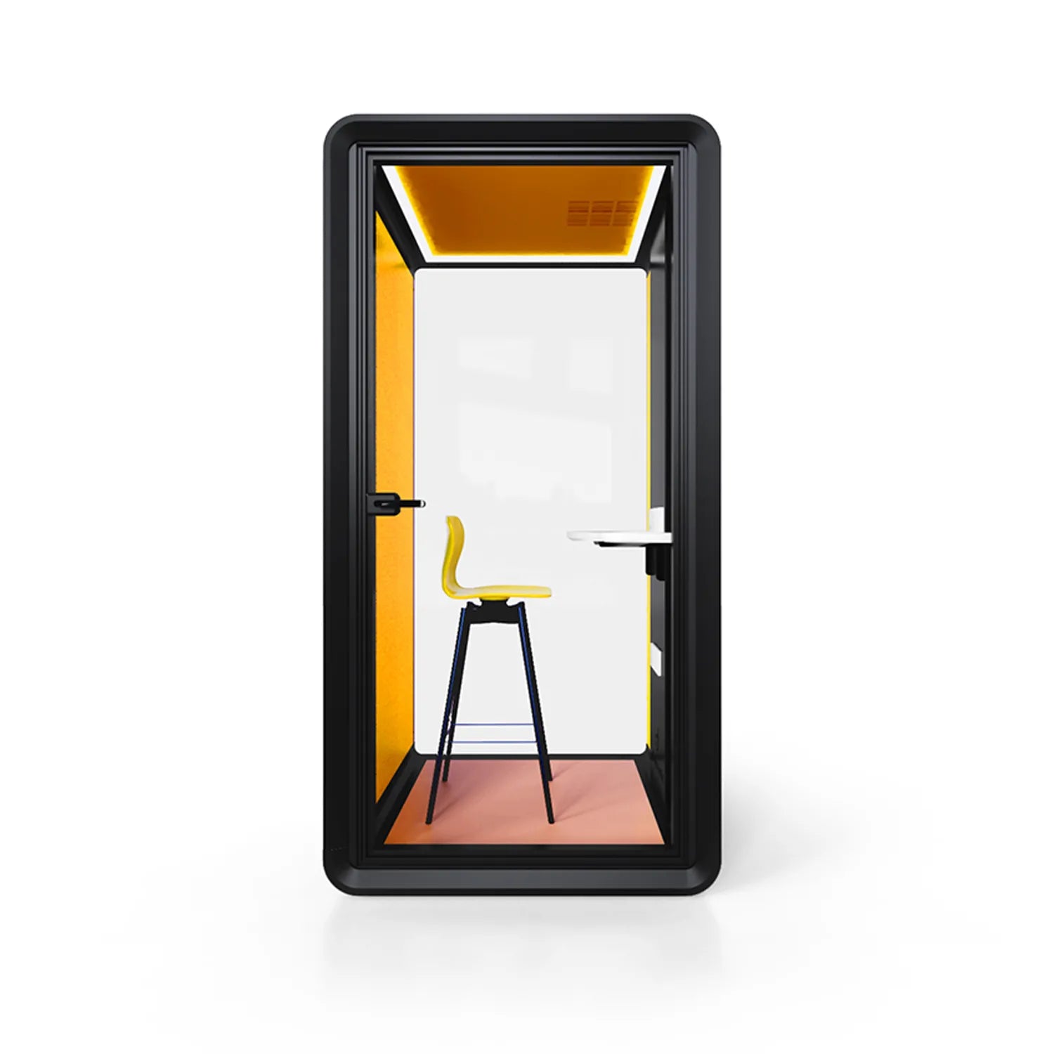 Front view of Flujo Acoustic Phone Booth with sleek design, showcasing interior bar stool and work desk.