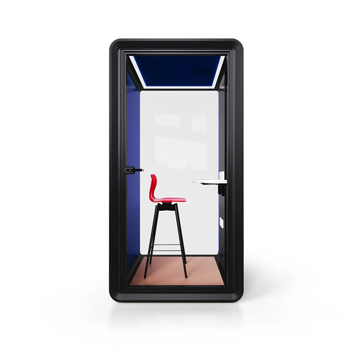 Front view of Flujo Acoustic Phone Booth with sleek design, showcasing interior bar stool and work desk.