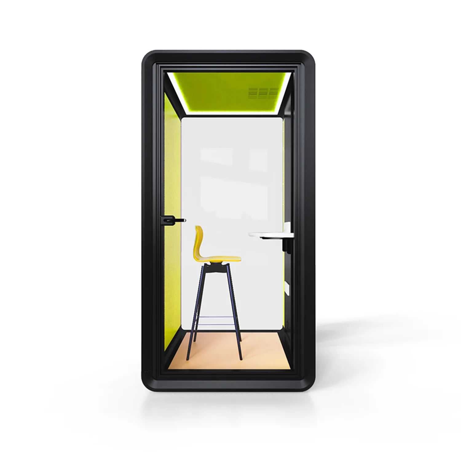 Front view of Flujo Acoustic Phone Booth with sleek design, showcasing interior bar stool and work desk.