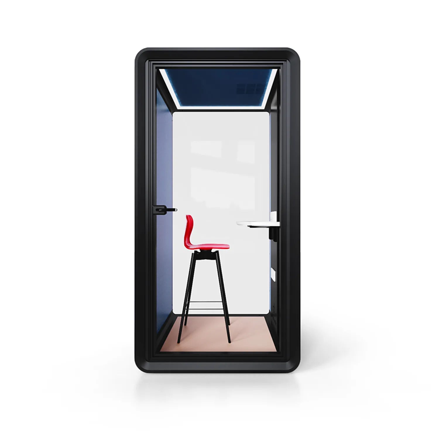 Front view of Flujo Acoustic Phone Booth with sleek design, showcasing interior bar stool and work desk.