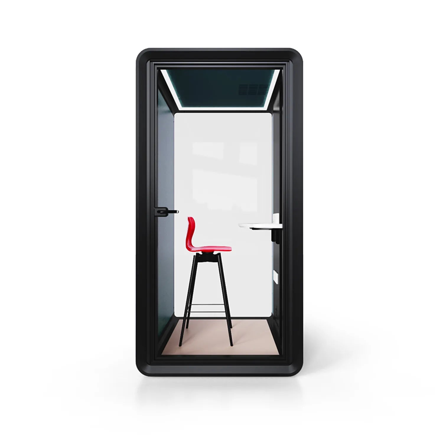 Front view of Flujo Acoustic Phone Booth with sleek design, showcasing interior bar stool and work desk.