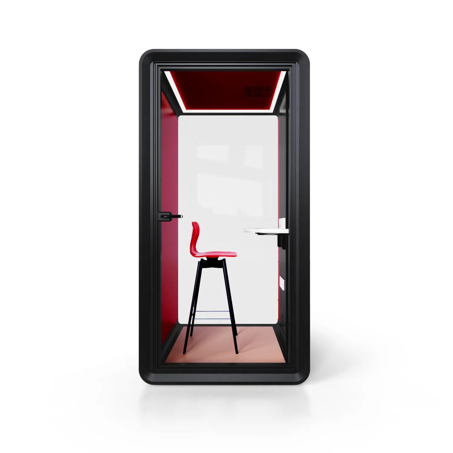 Front view of Flujo Acoustic Phone Booth with sleek design, showcasing interior bar stool and work desk.