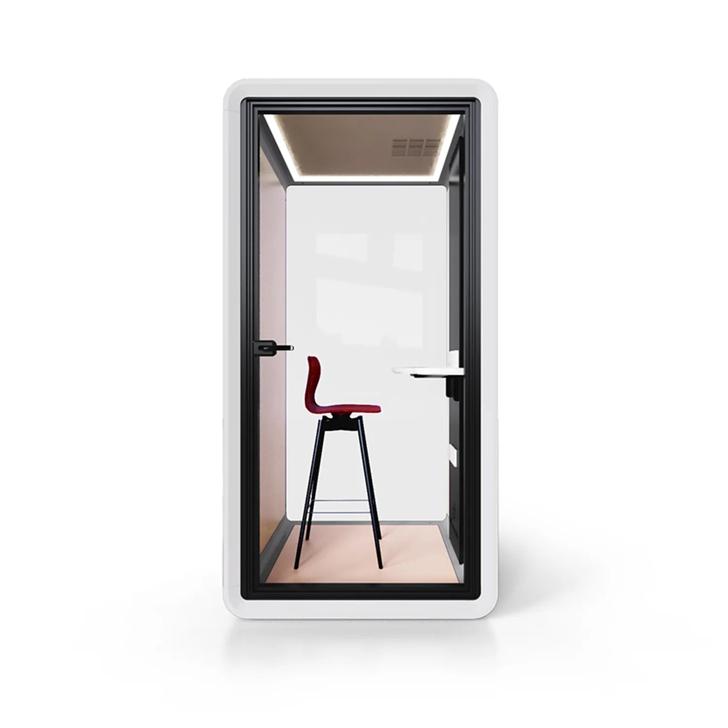 Front view of Flujo Acoustic Phone Booth with sleek design, showcasing interior bar stool and work desk.