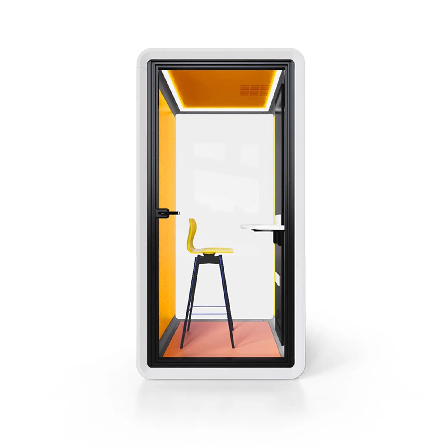 Front view of Flujo Acoustic Phone Booth with sleek design, showcasing interior bar stool and work desk.