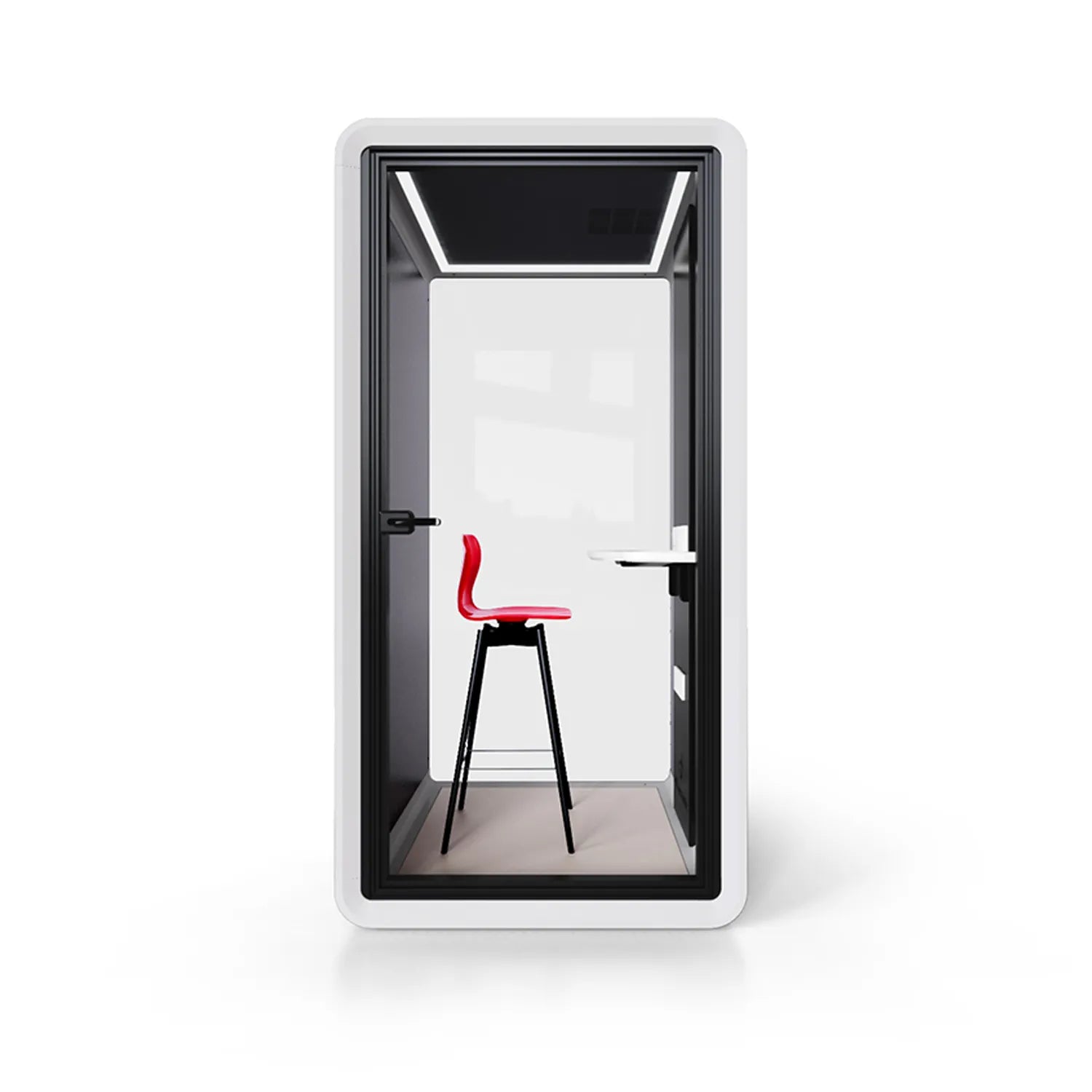 Front view of Flujo Acoustic Phone Booth with sleek design, showcasing interior bar stool and work desk.