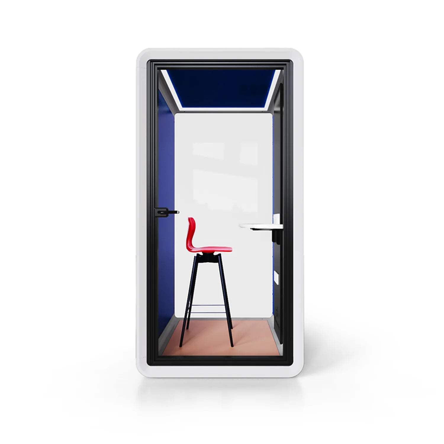 Front view of Flujo Acoustic Phone Booth with sleek design, showcasing interior bar stool and work desk.