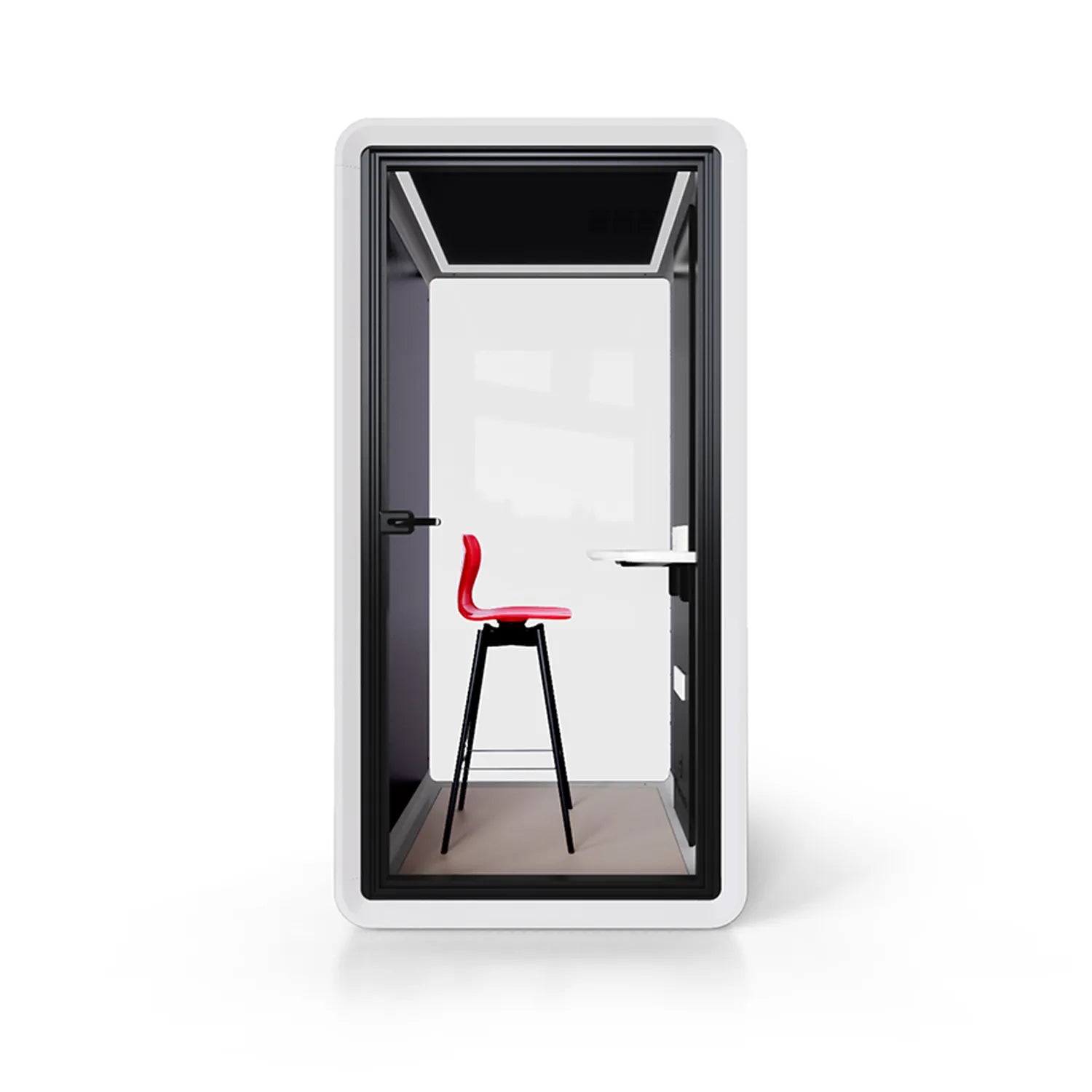 Front view of Flujo Acoustic Phone Booth with sleek design, showcasing interior bar stool and work desk.