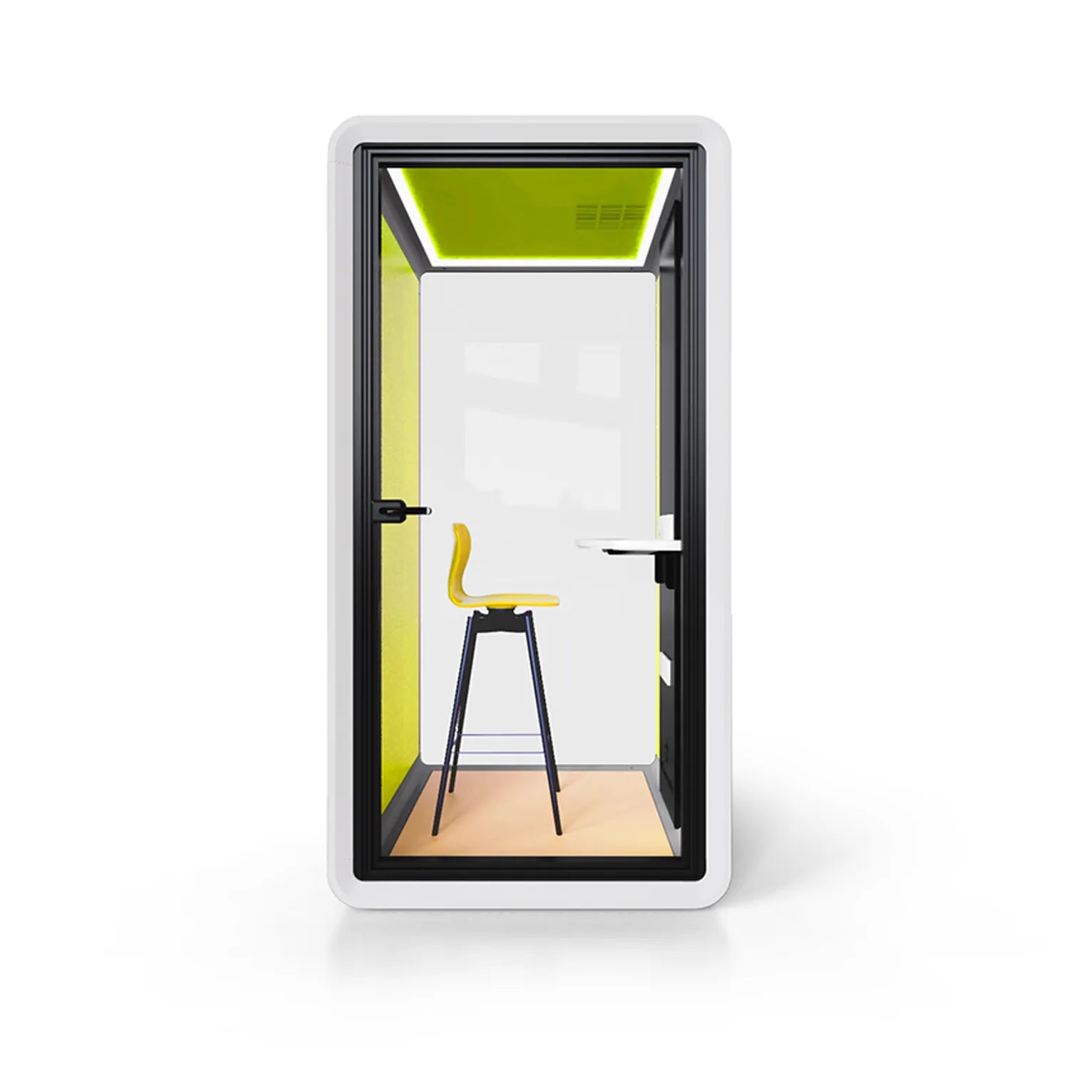 Front view of Flujo Acoustic Phone Booth with sleek design, showcasing interior bar stool and work desk.