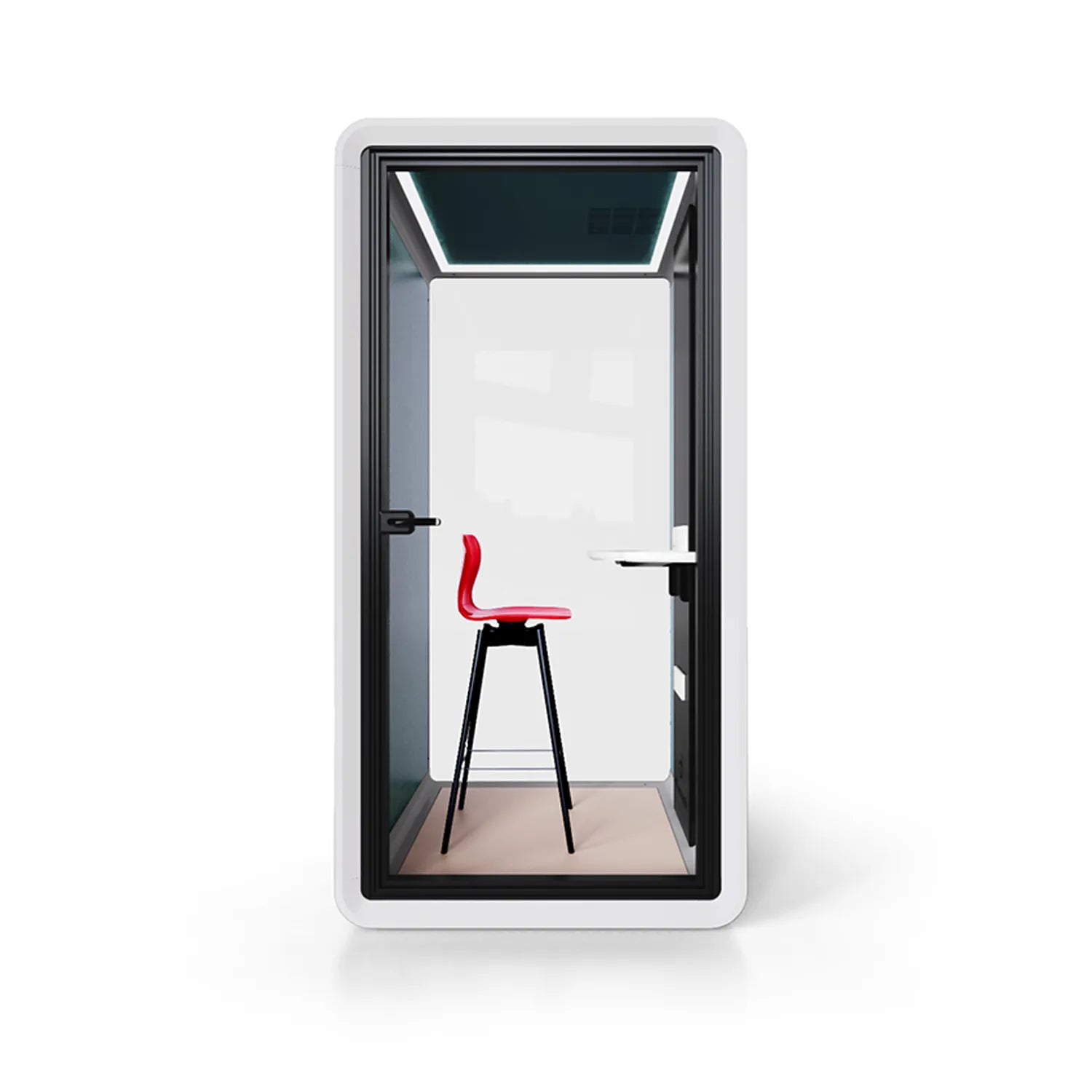 Front view of Flujo Acoustic Phone Booth with sleek design, showcasing interior bar stool and work desk.