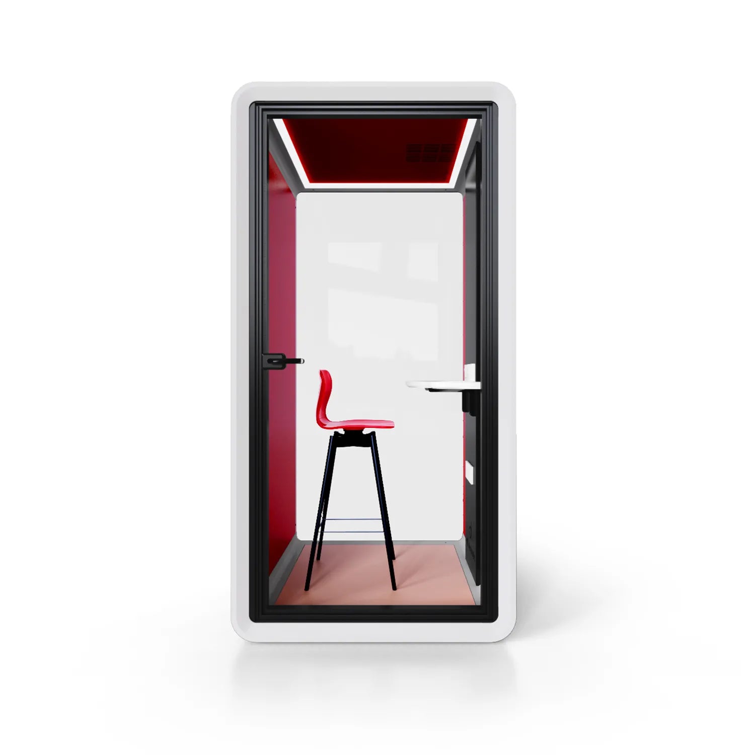 Front view of Flujo Acoustic Phone Booth with sleek design, showcasing interior bar stool and work desk.