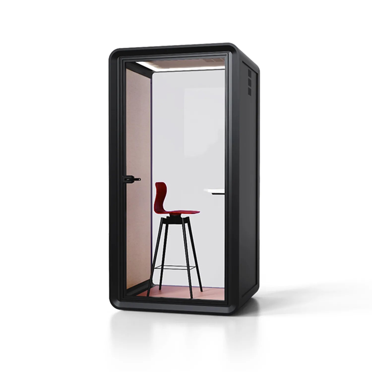 Side view of Flujo Acoustic Phone Booth, highlighting its minimalist and functional design for office spaces.